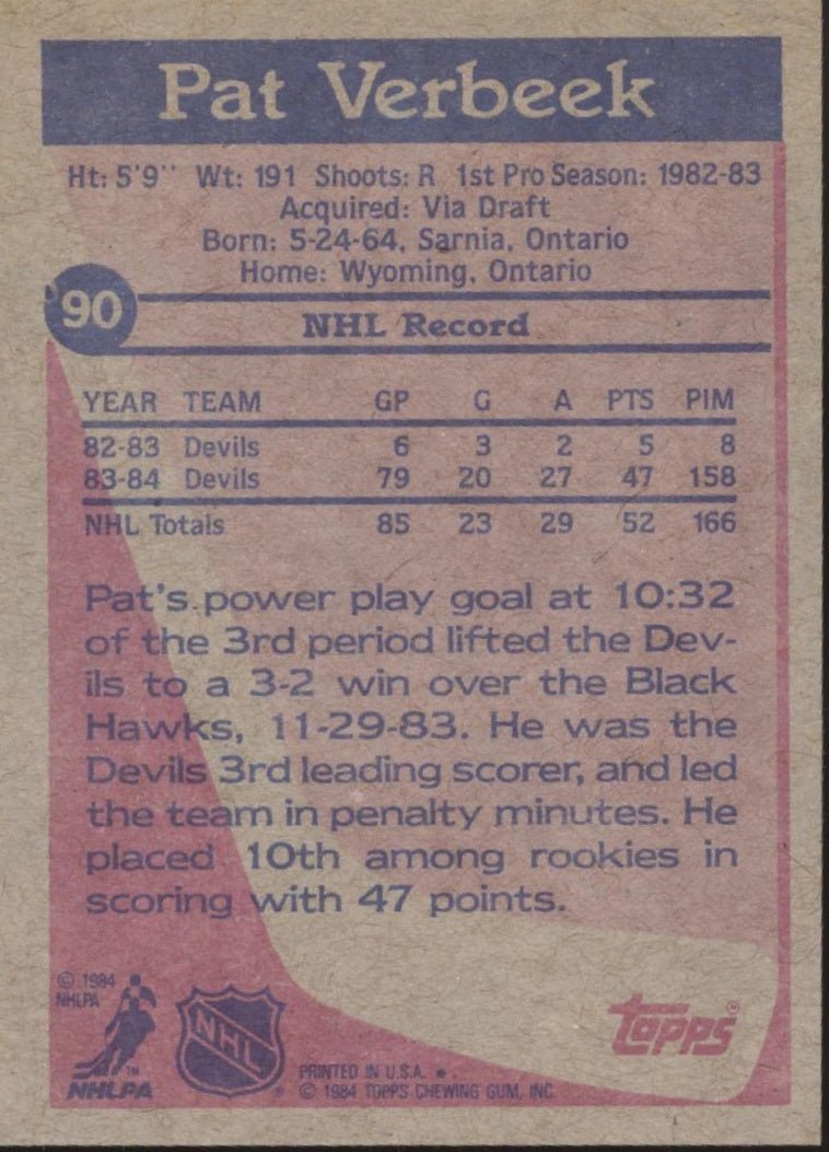 Pat Verbeek 1984 - 85 Topps RC #90 New Jersey Devils - Collector Store LLC
