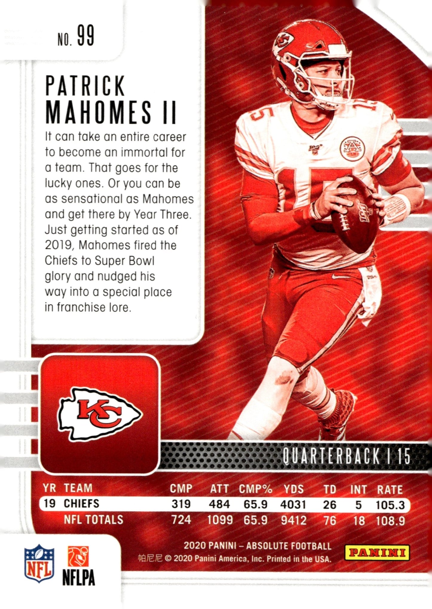 Patrick Mahomes II 2020 Panini Absolute #99 - Collector Store LLC