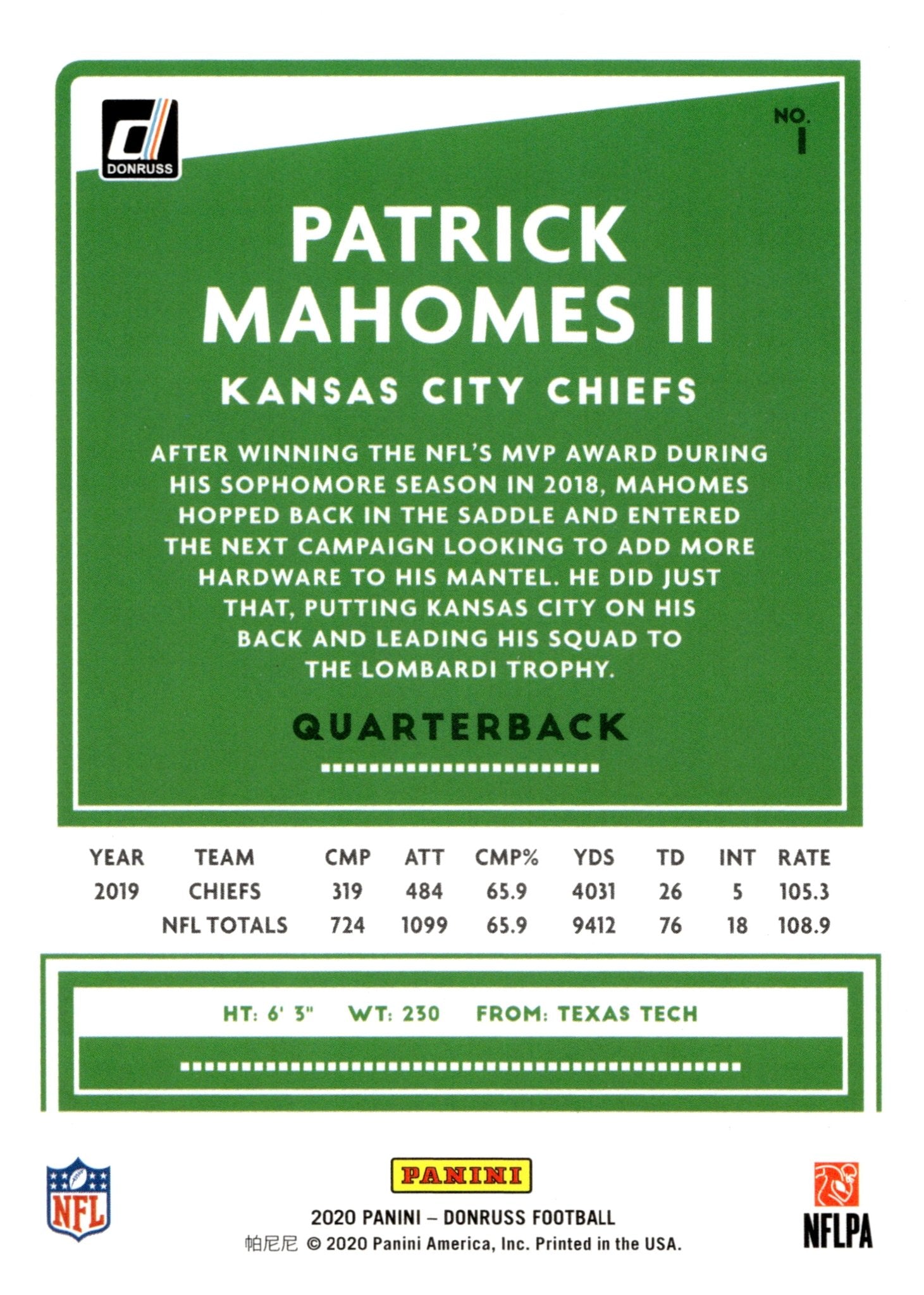 Patrick Mahomes II 2020 Panini Donruss #1 - Collector Store LLC