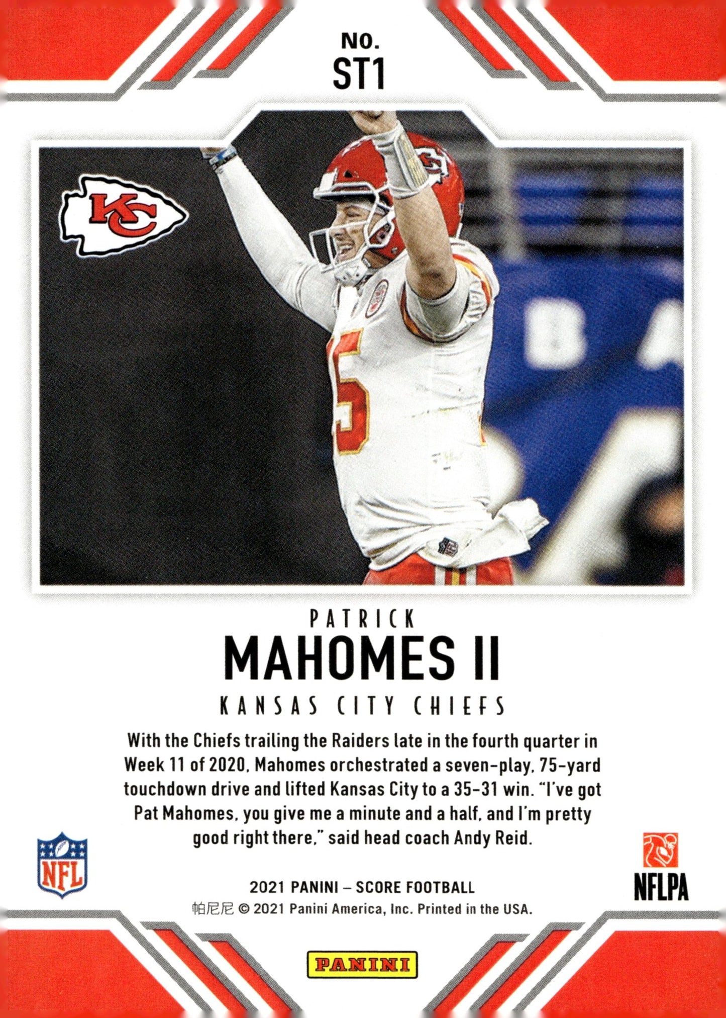 Patrick Mahomes II 2021 Panini Score Team #ST1 #2 - Collector Store LLC