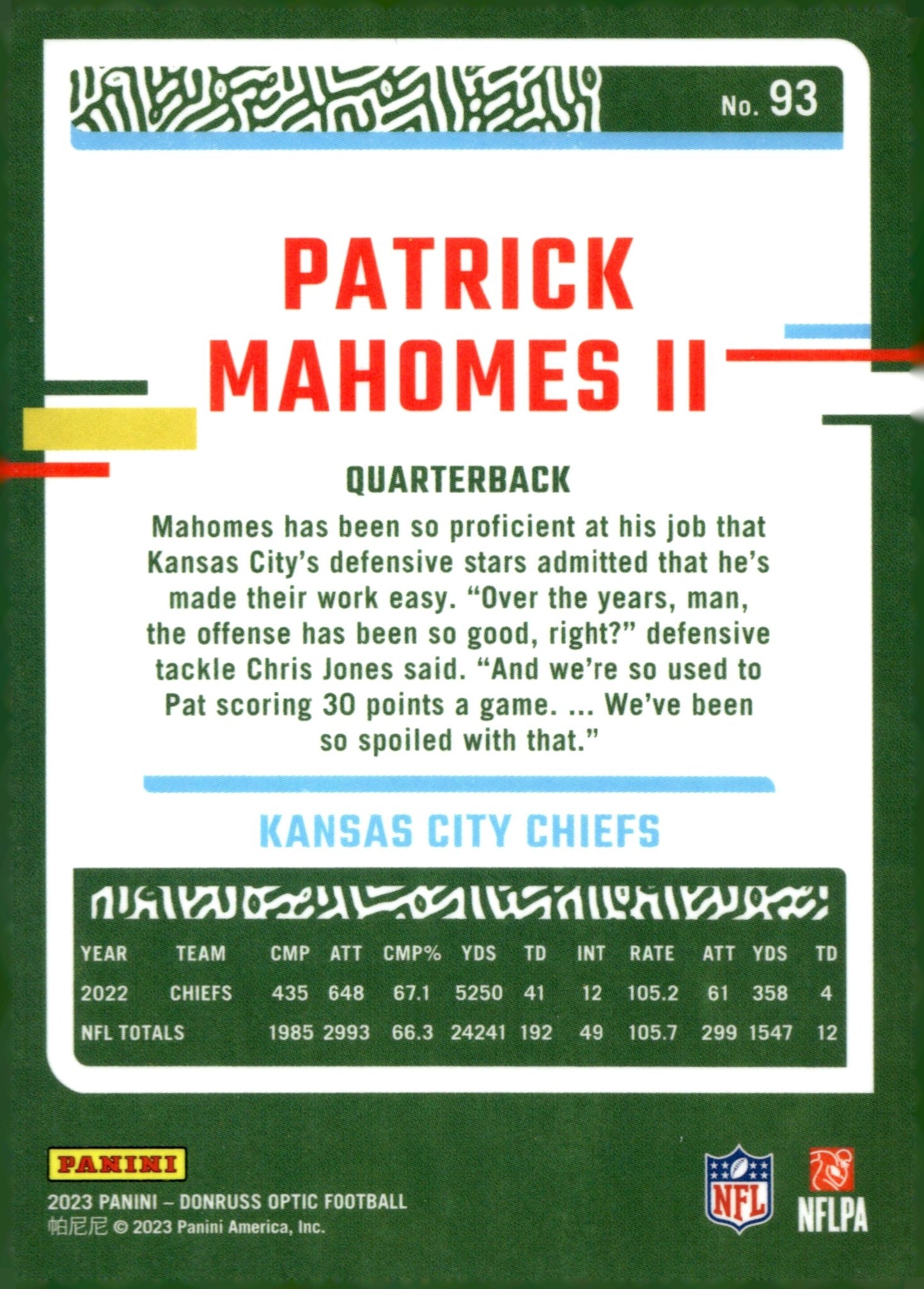 Patrick Mahomes II 2023 Panini Donruss Optic #93 #2 - Collector Store LLC