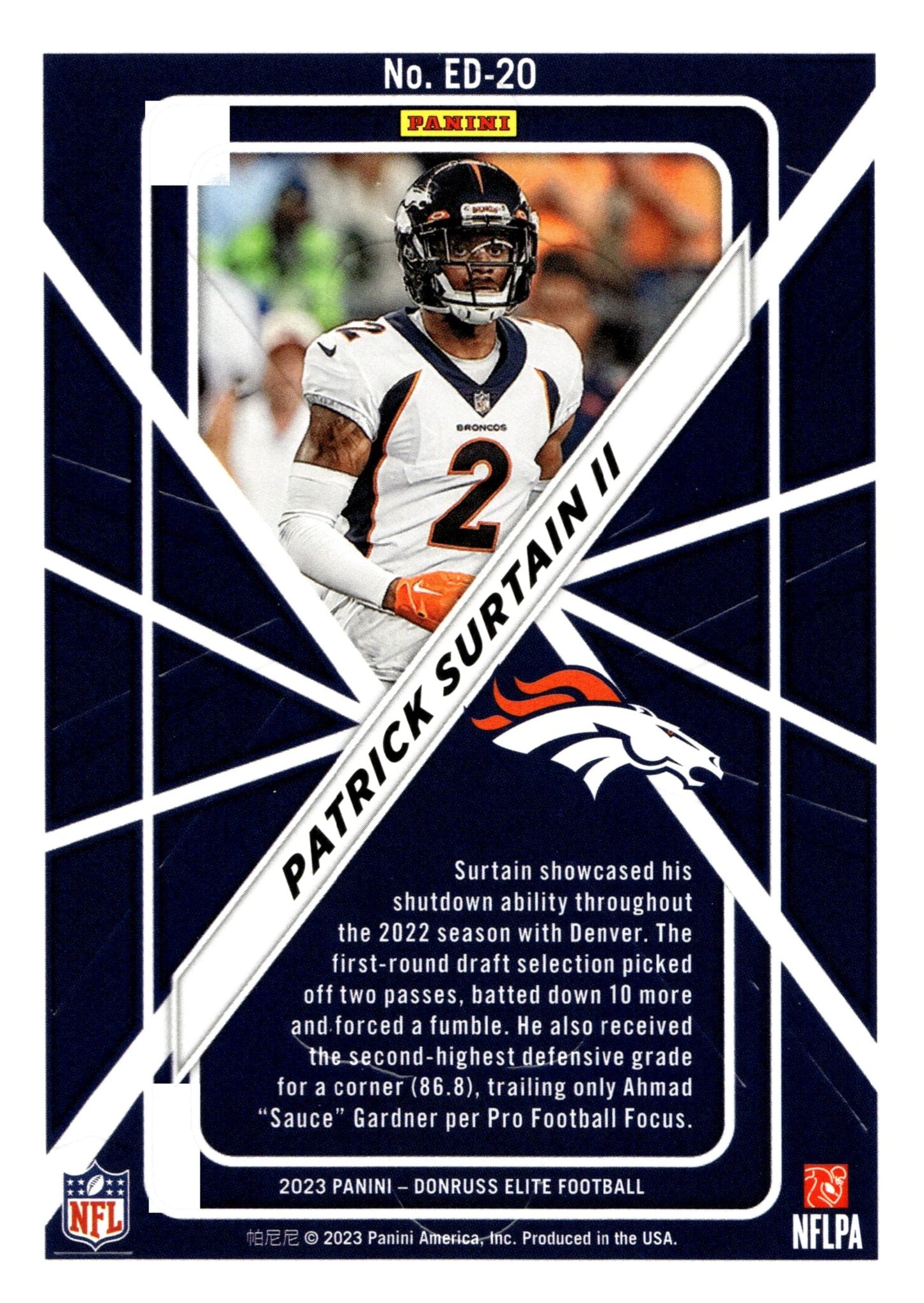 Patrick Surtain II 2023 Panini Donruss Elite Deck #ED - 20 - Collector Store LLC