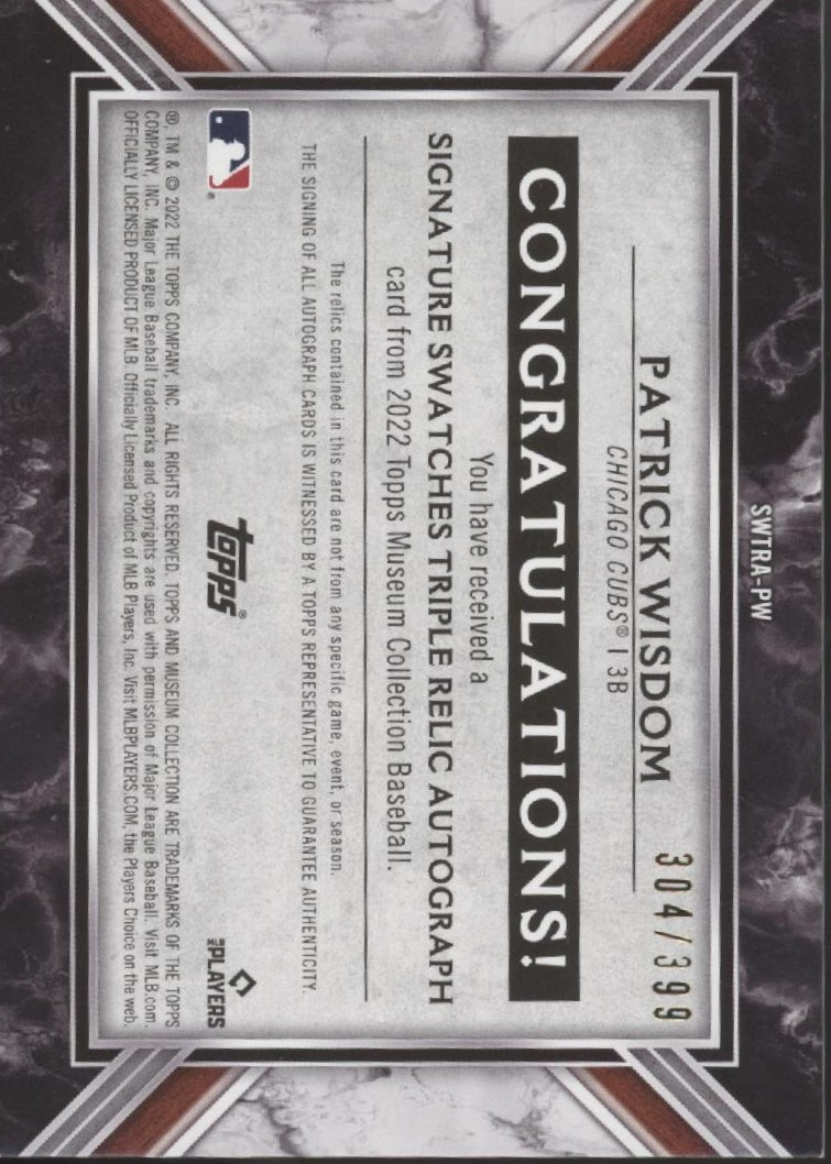 Patrick Wisdom 2022 Topps Museum Collection Triple Swatch Auto 304/399 SWTRA - PW - Collector Store LLC