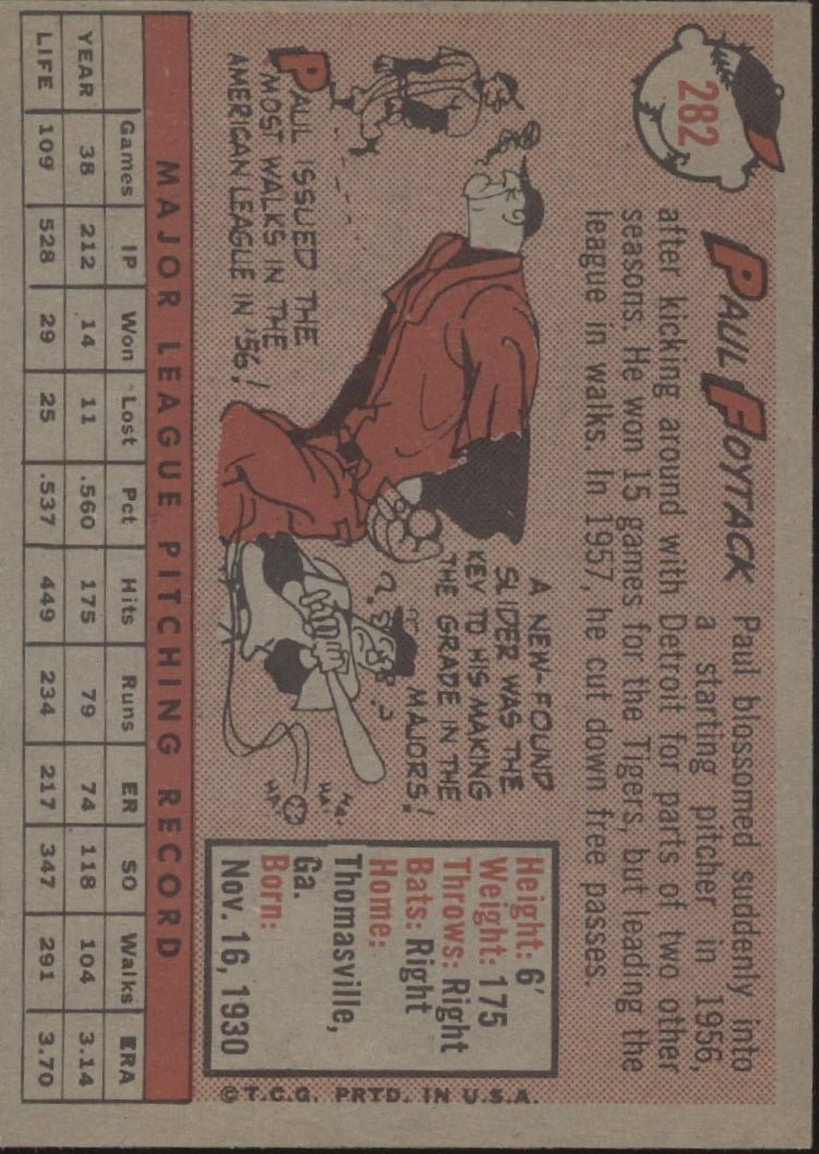 Paul Foytack 1958 Topps #282 Detroit Tigers EX - Collector Store LLC