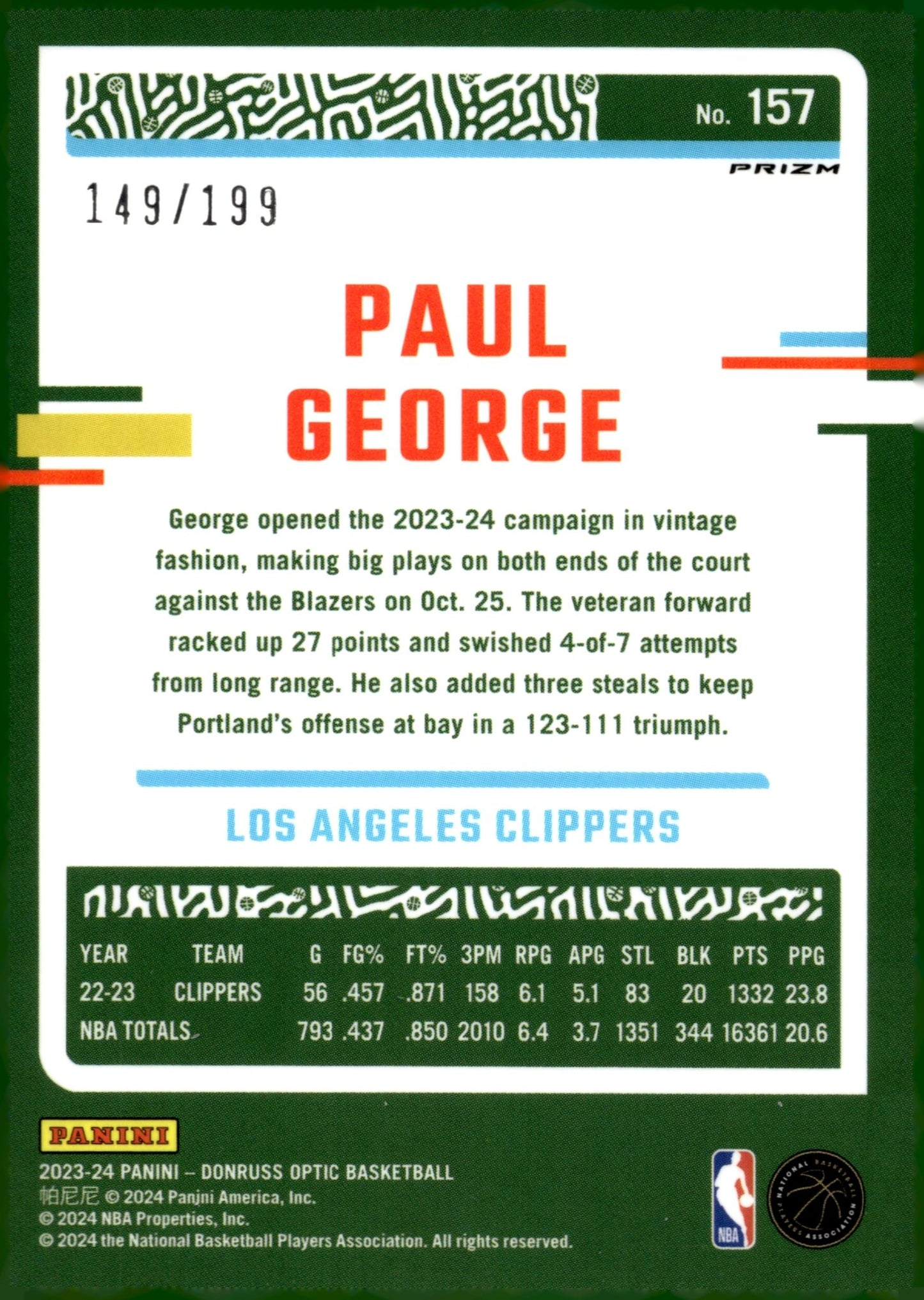Paul George 2023 - 24 Panini Donruss Optic Orange Prizm 149/199 #157 - Collector Store LLC