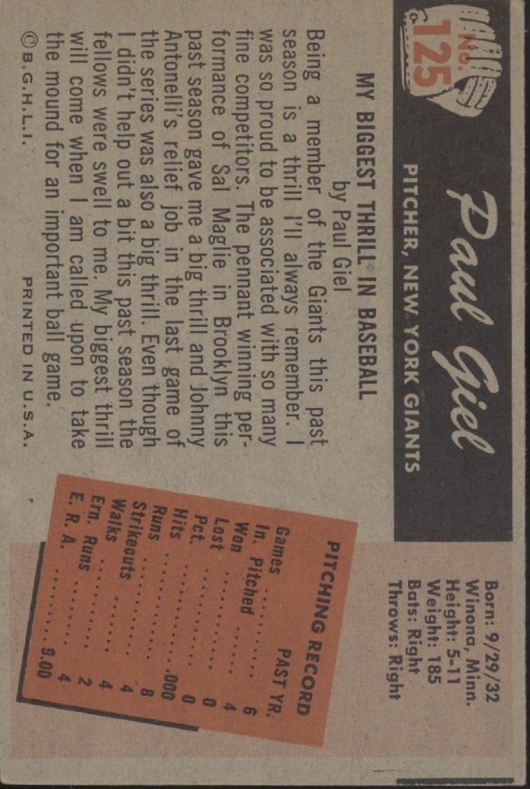 Paul Giel 1955 Bowman RC #125 New York Giants VG #2 - Collector Store LLC