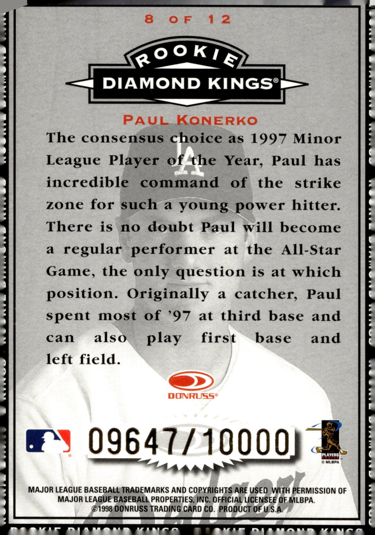Paul Konerko 1998 Donruss Diamond Kings RC 09647/10000 #8 - Collector Store LLC