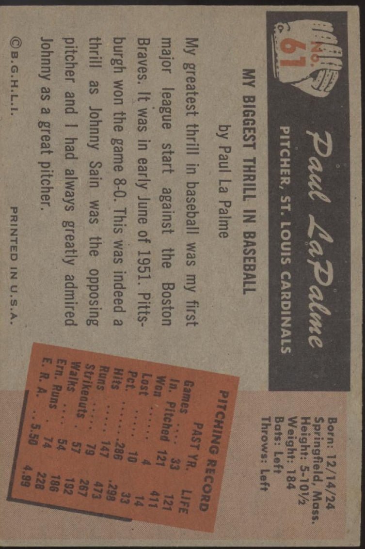 Paul LaPalme 1955 Bowman #61 St. Louis Cardinals VG - EX #2 - Collector Store LLC