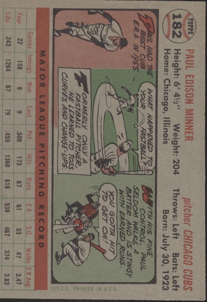 Paul Minner 1956 Topps 182 Chicago Cubs EX 2 - Collector Store LLC