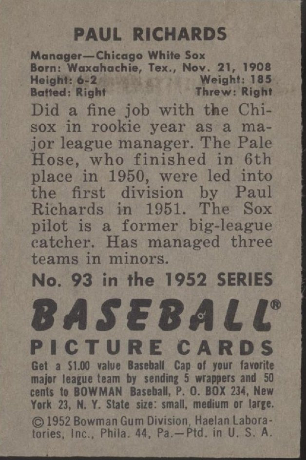 Paul Richards 1952 Bowman #93 Chicago White Sox VG - Collector Store LLC