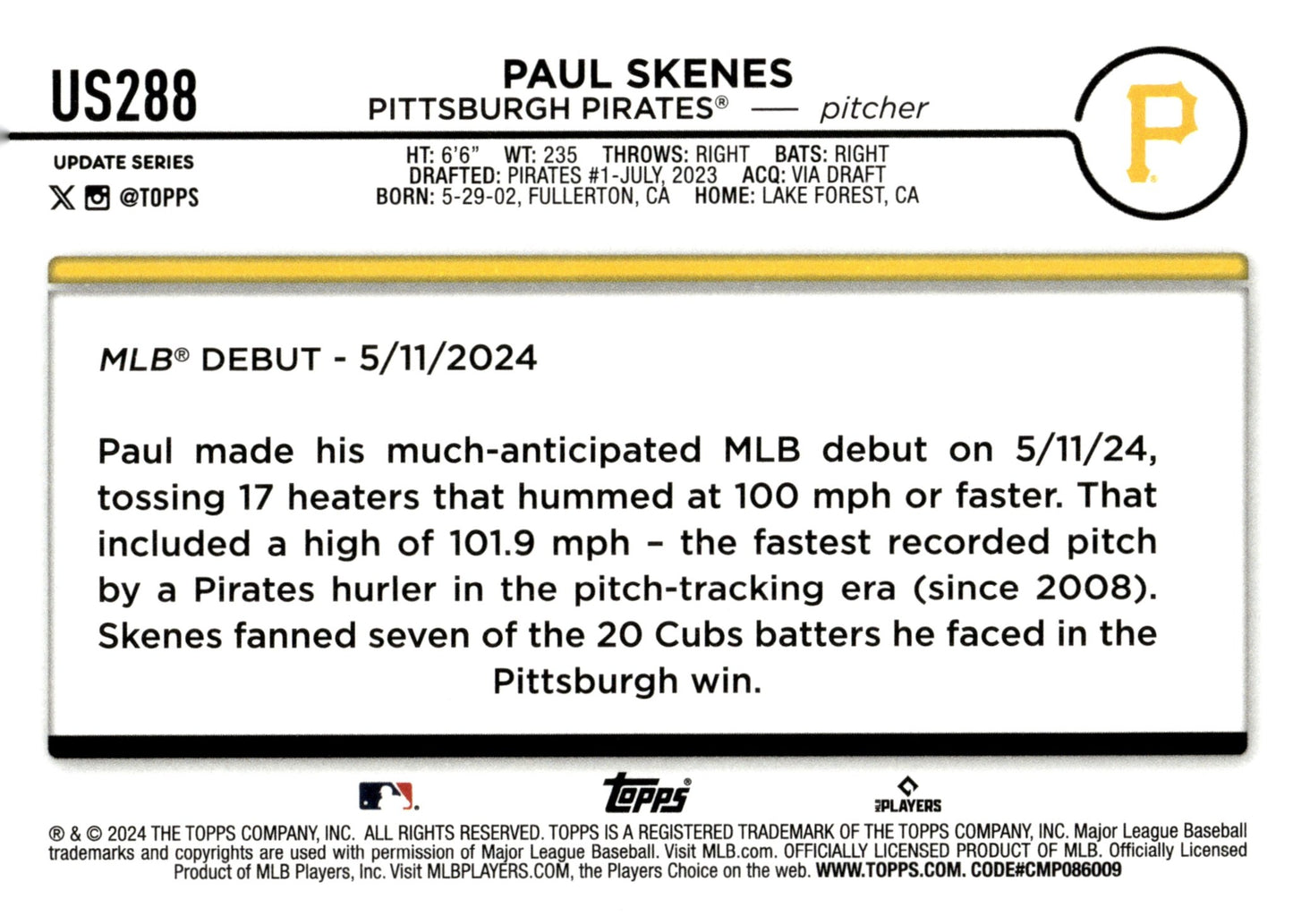Paul Skenes 2024 Bowman Update Series RC #US288 #3 - Collector Store LLC