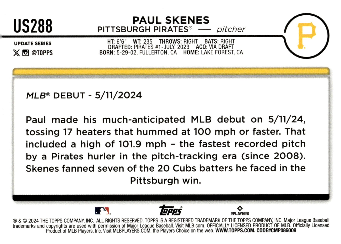 Paul Skenes 2024 Bowman Update Series RC #US288 #4 - Collector Store LLC