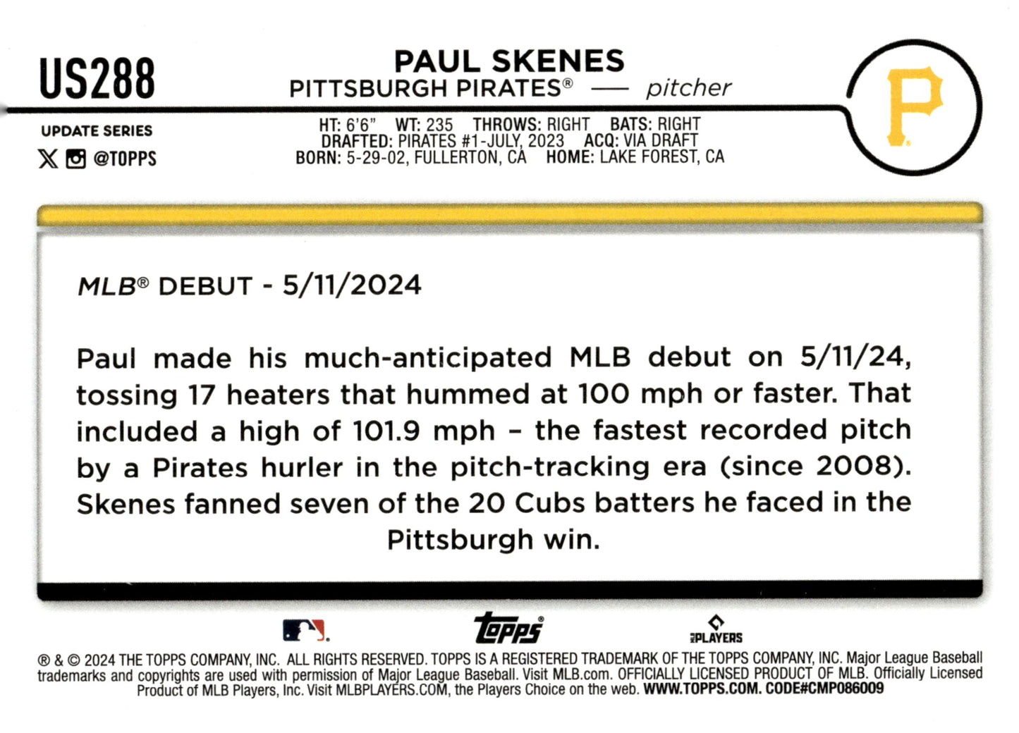 Paul Skenes 2024 Bowman Update Series RC #US288 #5 - Collector Store LLC