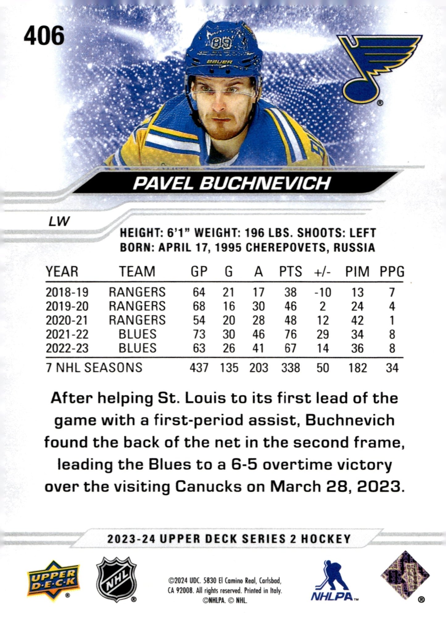 Pavel Buchnevich 2023 - 24 Upper Deck Series 2 #406 - Collector Store LLC