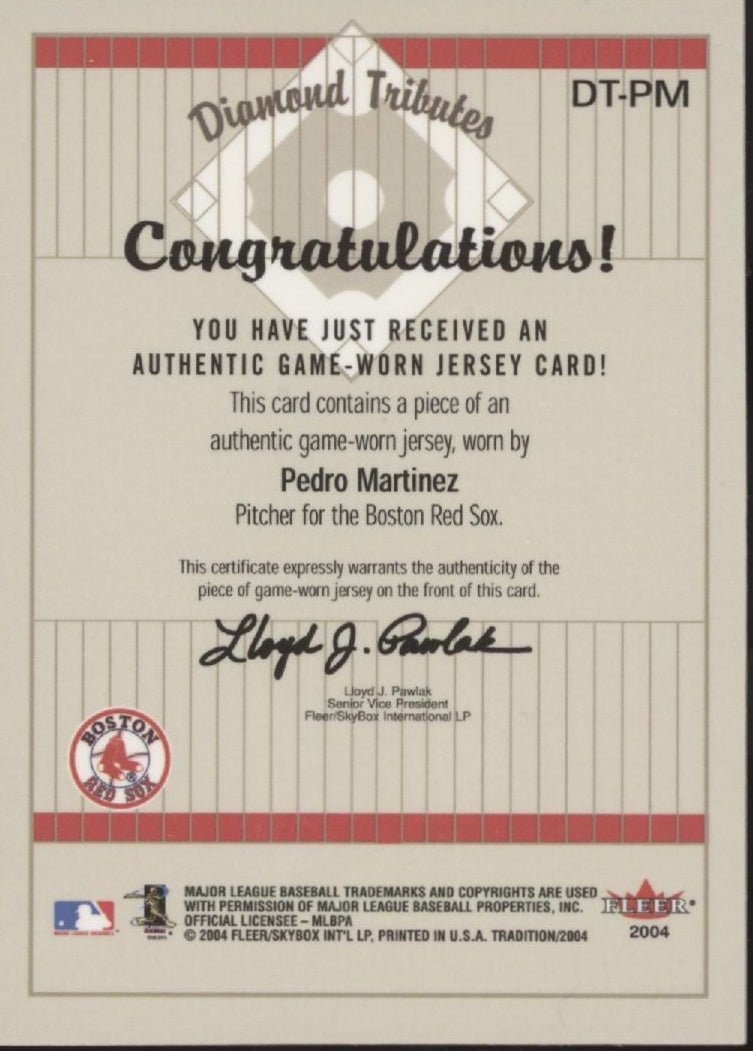 Pedro Martinez 2004 Fleer Tradition Diamond Tributes Swatch #DT - PM - Collector Store LLC