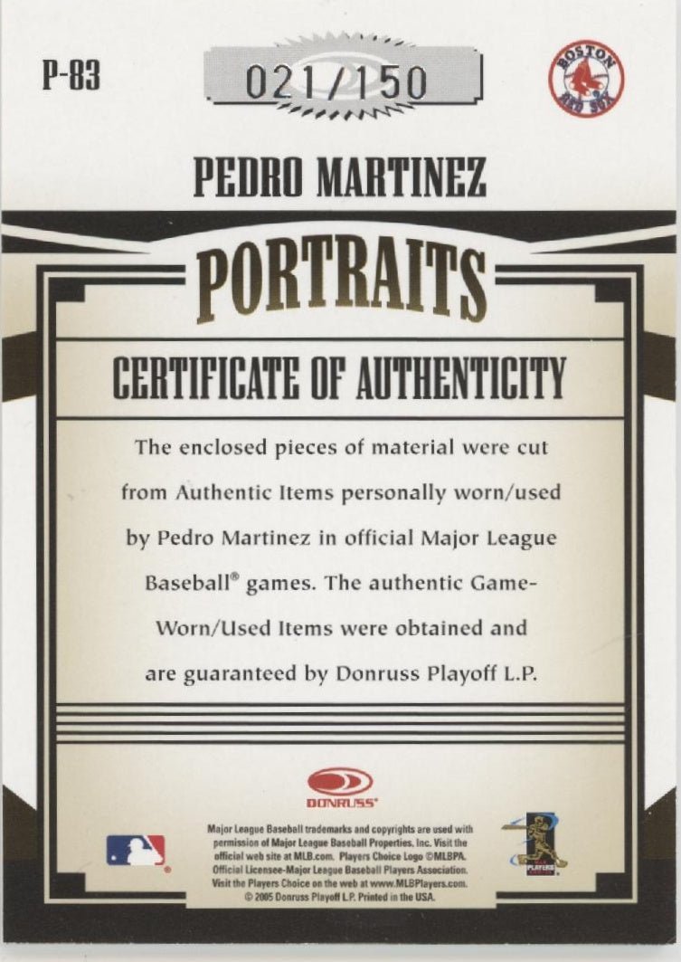 Pedro Martinez 2005 Donruss Prime Patches Portraits Relics 021/150 P - 83 - Collector Store LLC