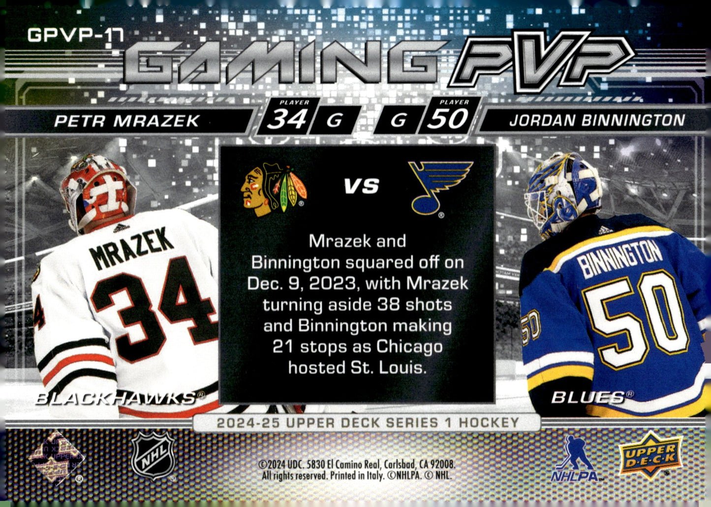 Petr Mrazek / Jordan Binnington 2024 - 25 Upper Deck Series 1 Gaming PVP #GPVP - 17 - Collector Store LLC