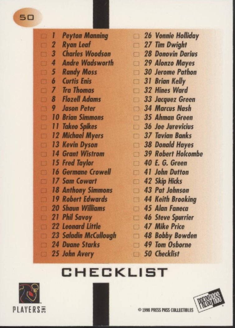 Peyton Manning 1998 Press Pass Red Checklist 50 - Collector Store LLC