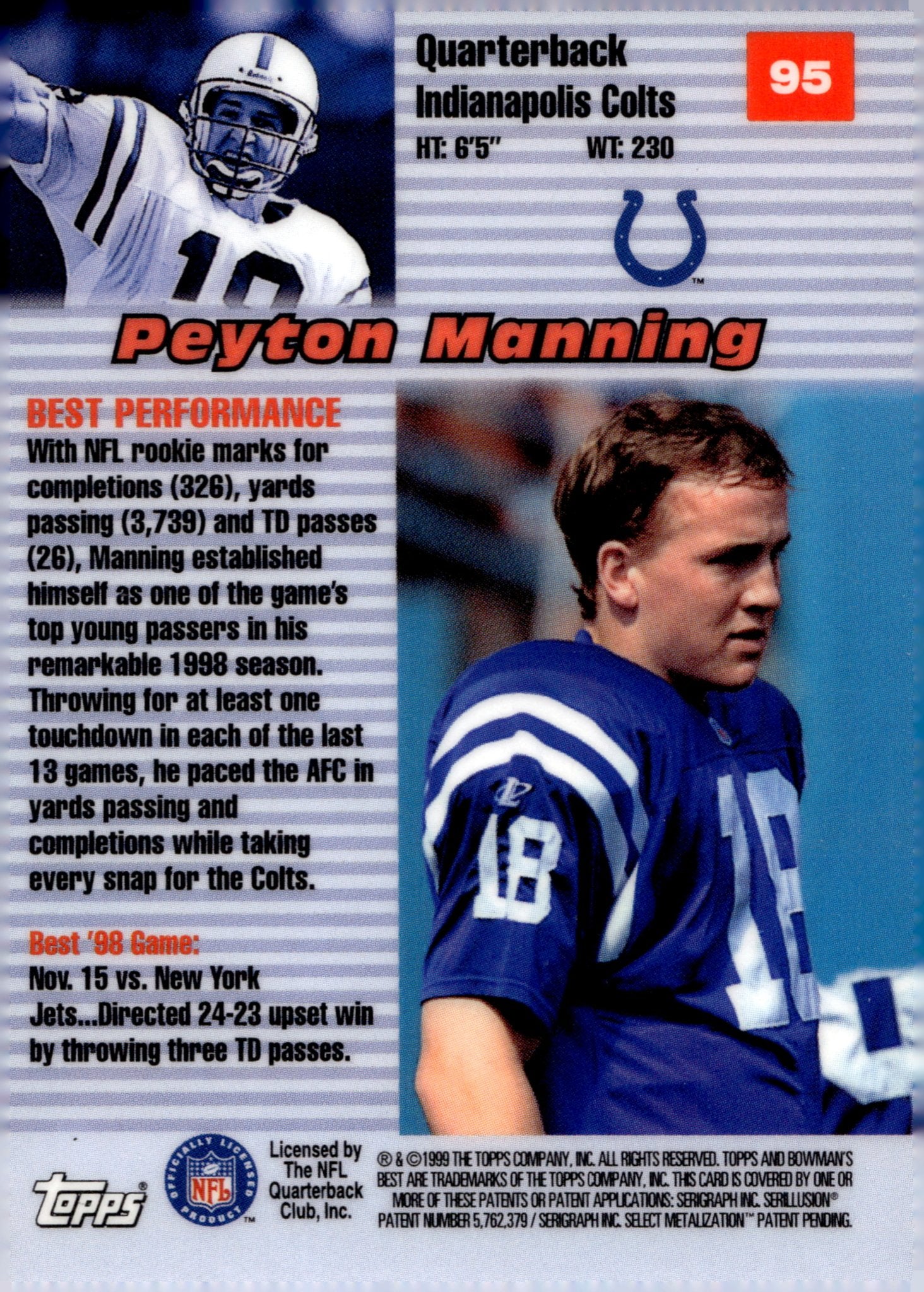 Peyton Manning 1999 Bowman's Best Performers #95 #1 - Collector Store LLC