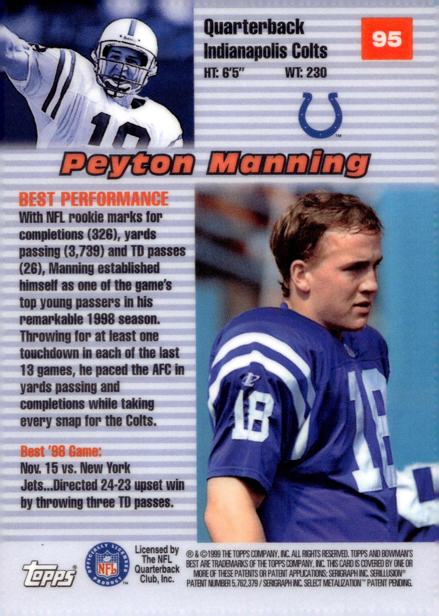 Peyton Manning 1999 Bowman's Best Performers #95 #2 - Collector Store LLC