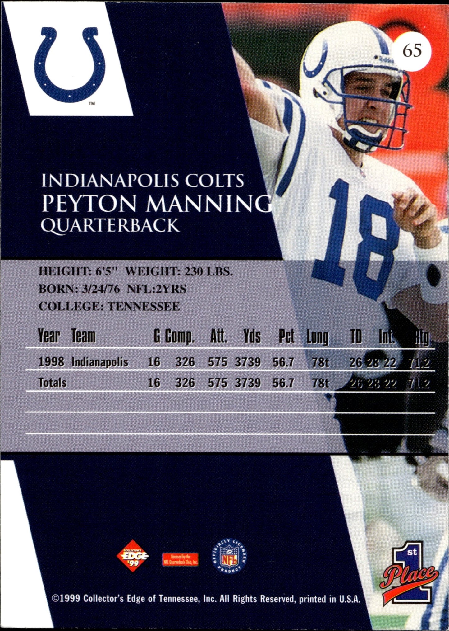 Peyton Manning 1999 Collector's Edge #65 #2 - Collector Store LLC