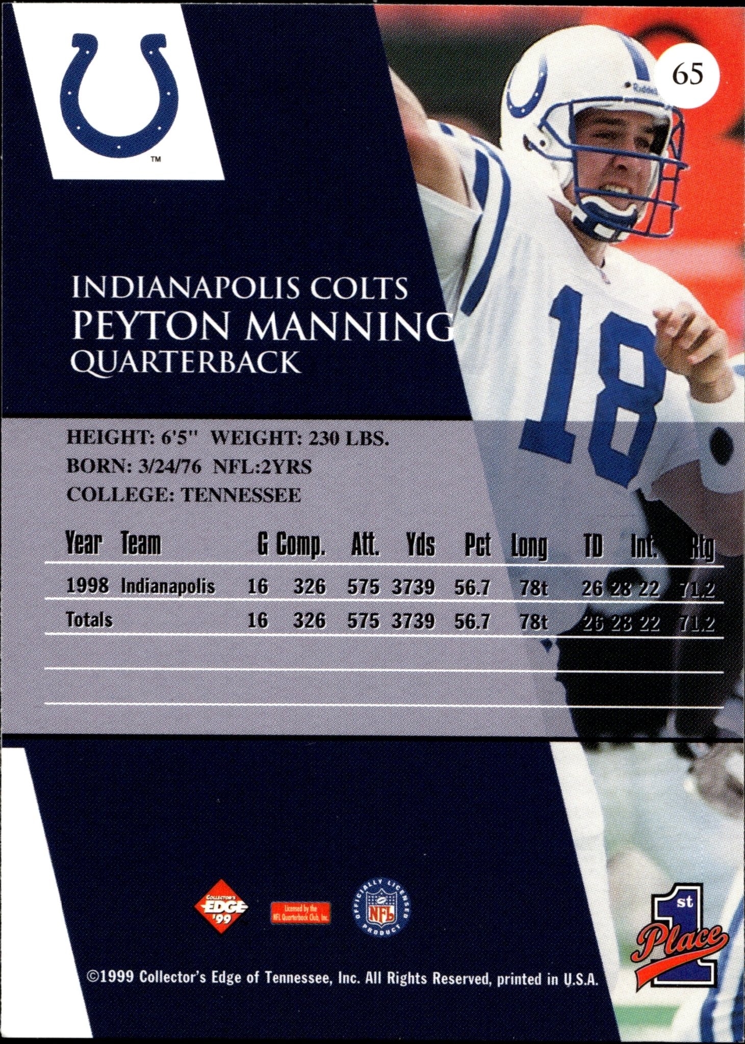 Peyton Manning 1999 Collector's Edge #65 - Collector Store LLC