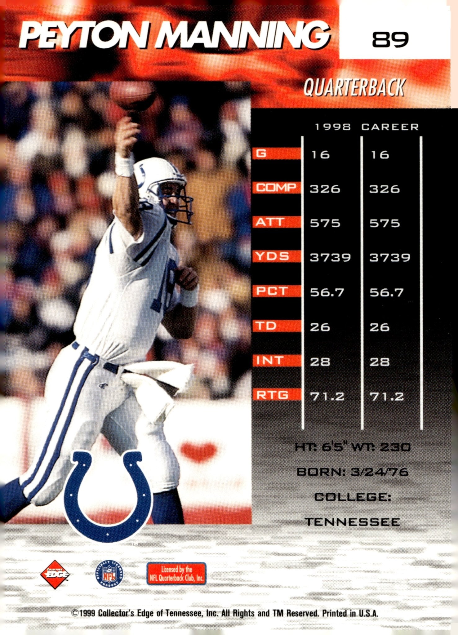Peyton Manning 1999 Collector's Edge Fury #89 - Collector Store LLC