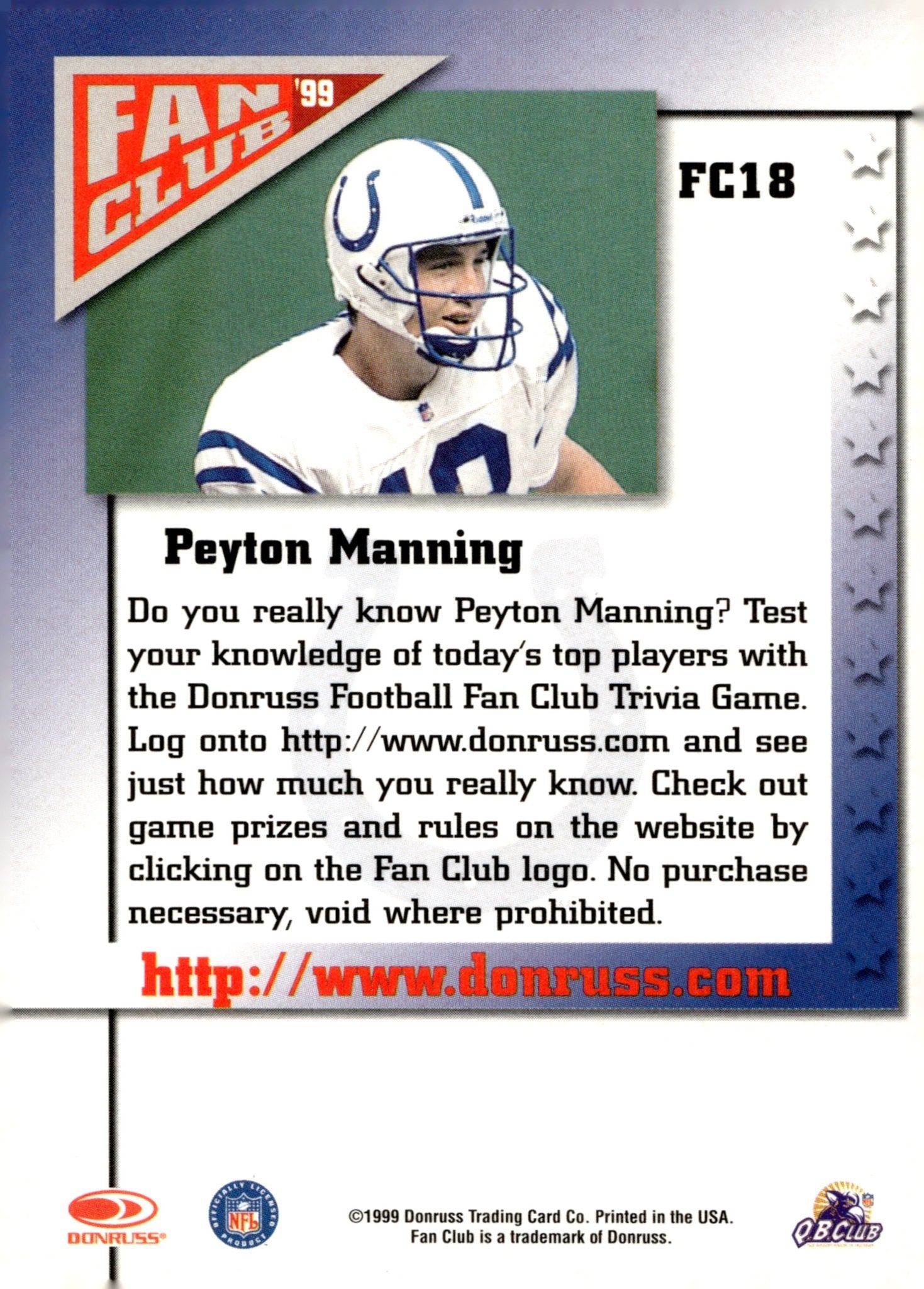 Peyton Manning 1999 Donruss Fan Club #FC18 - Collector Store LLC