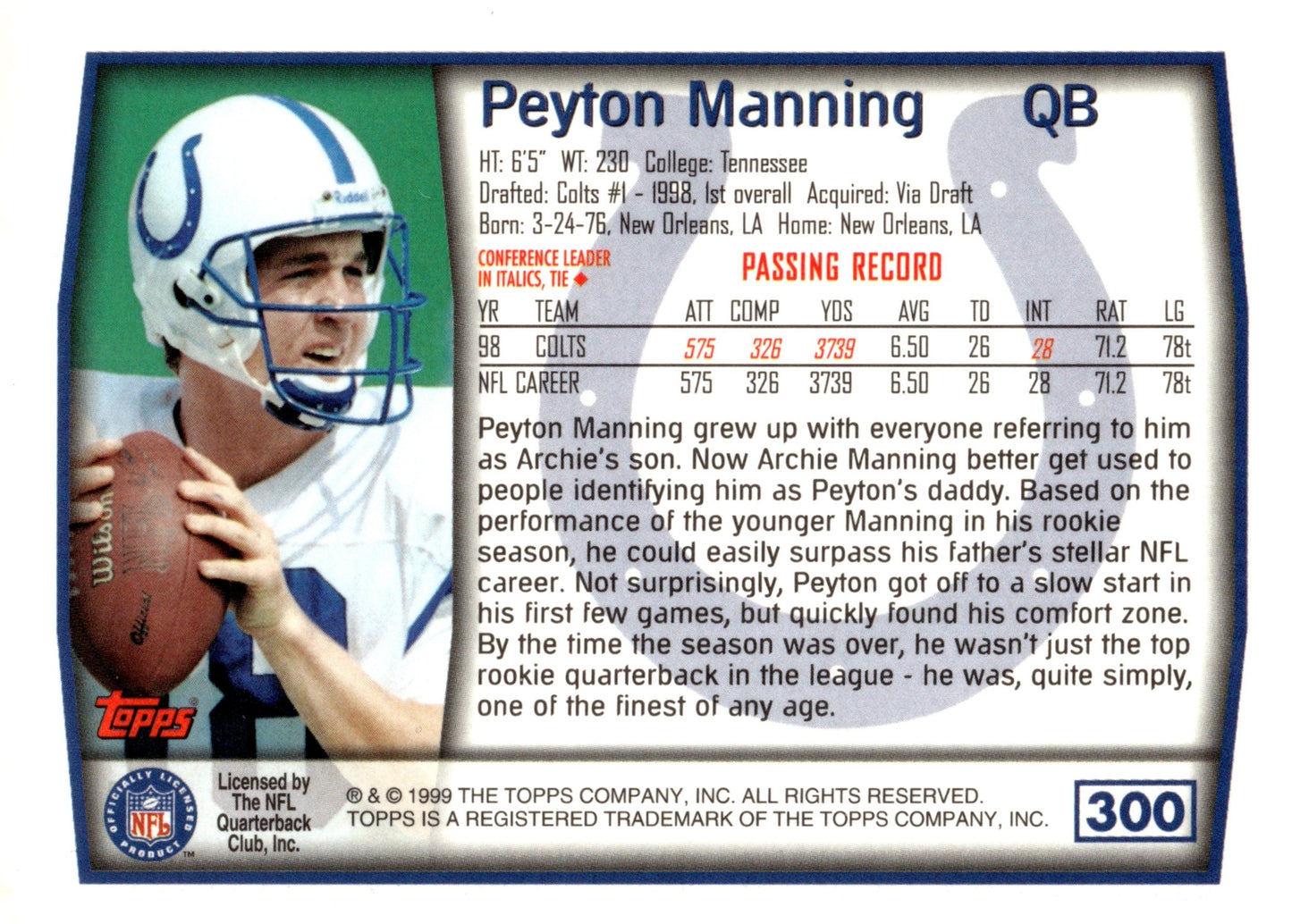 Peyton Manning 1999 Topps #300 - Collector Store LLC