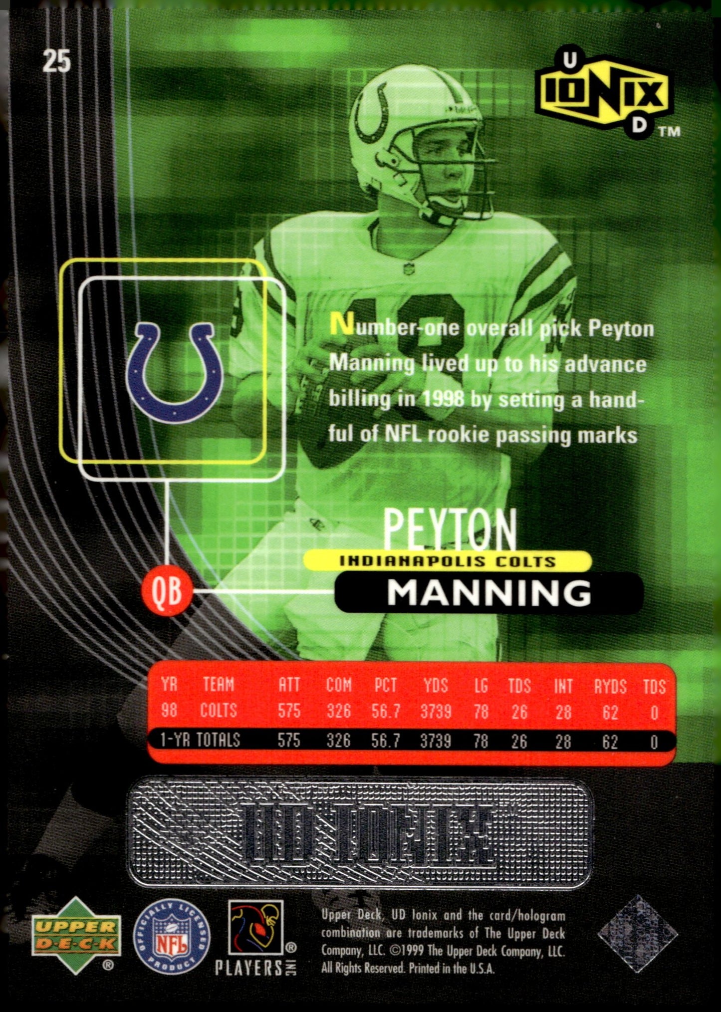 Peyton Manning 1999 Upper Deck Ionix #25 - Collector Store LLC