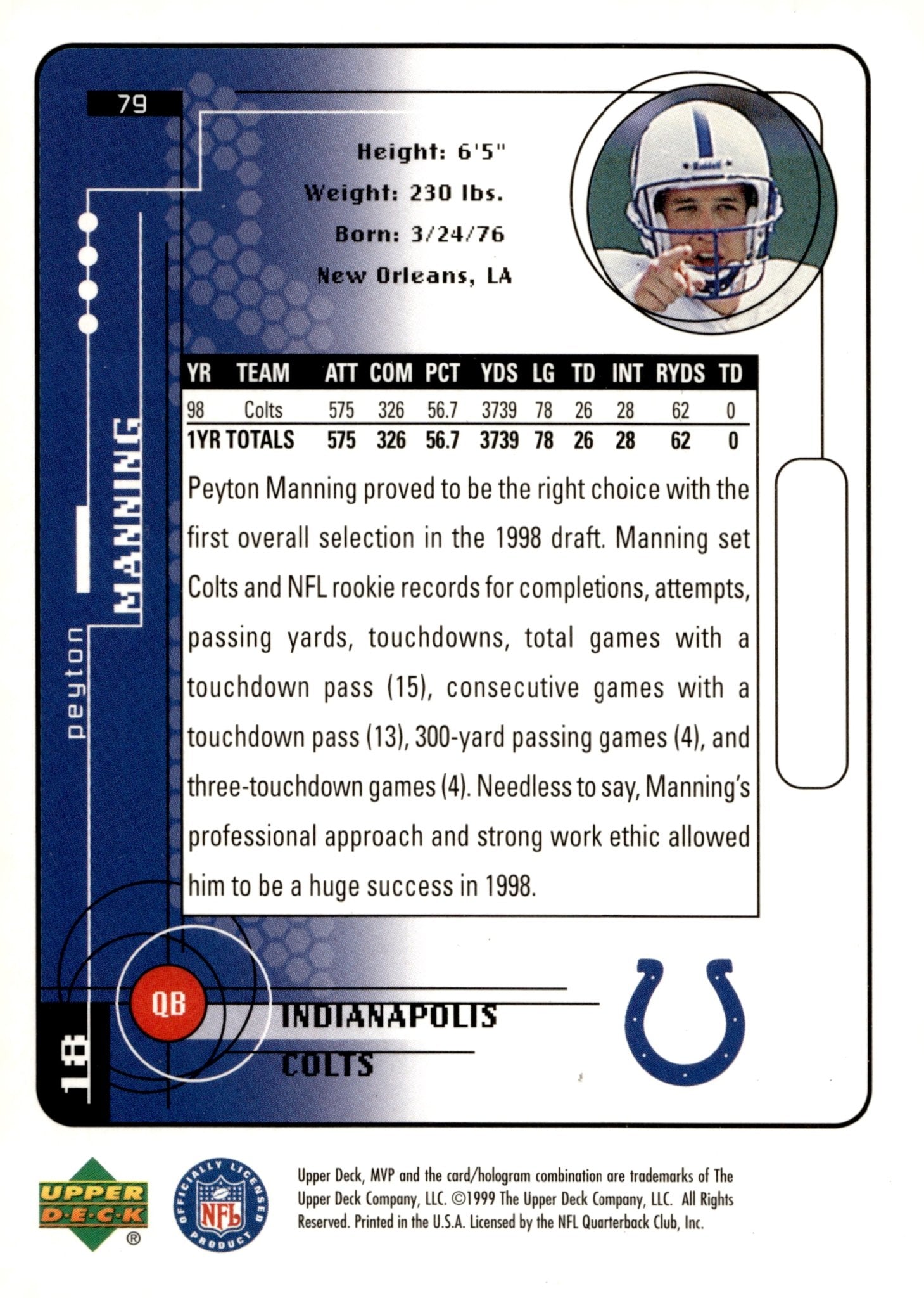 Peyton Manning 1999 Upper Deck MVP #79 - Collector Store LLC