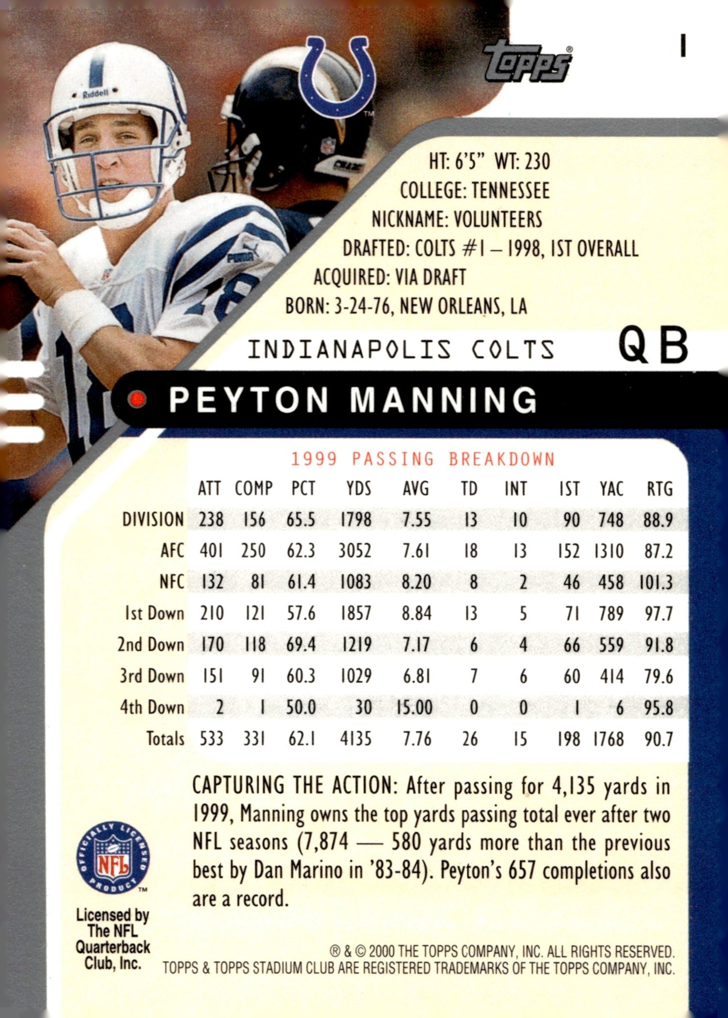 Peyton Manning 2000 Topps Stadium Club #1 - Collector Store LLC