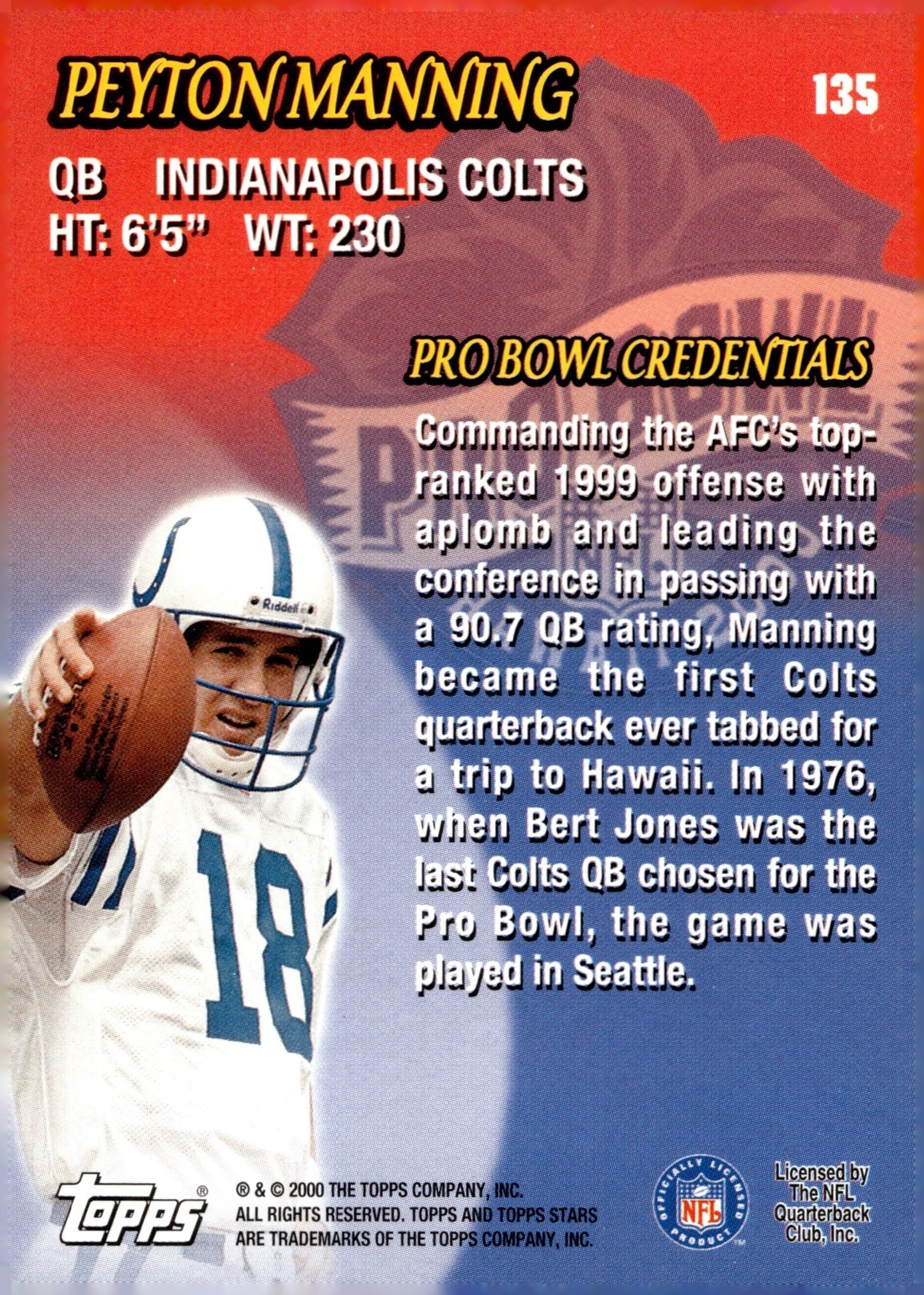 Peyton Manning 2000 Topps Stars Heroes of Hawaii Pro Bowl #135 - Collector Store LLC