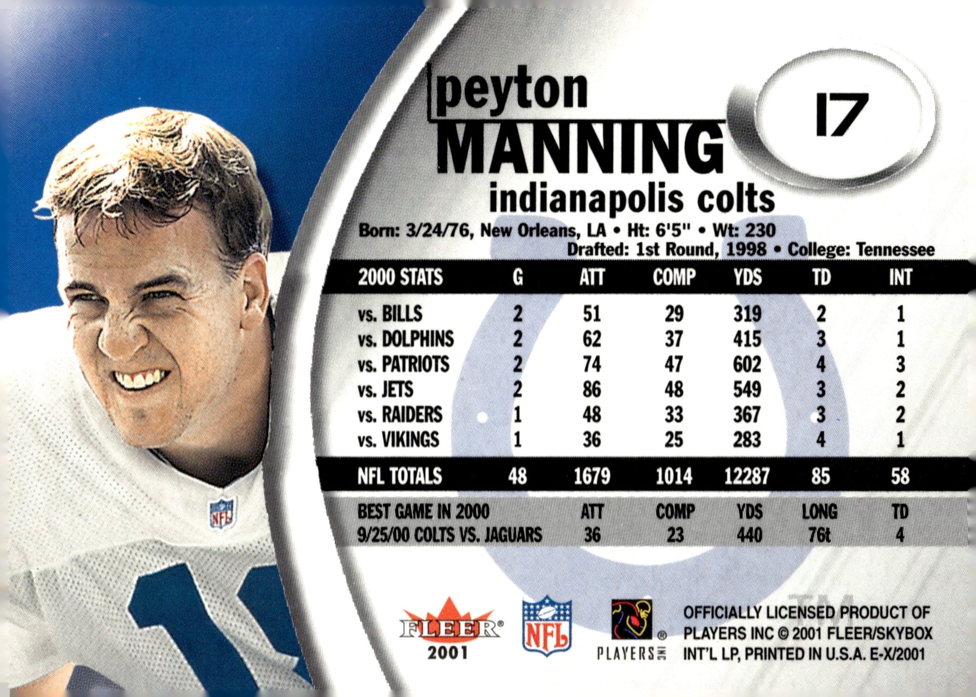 Peyton Manning 2001 Fleer EX #17 - Collector Store LLC