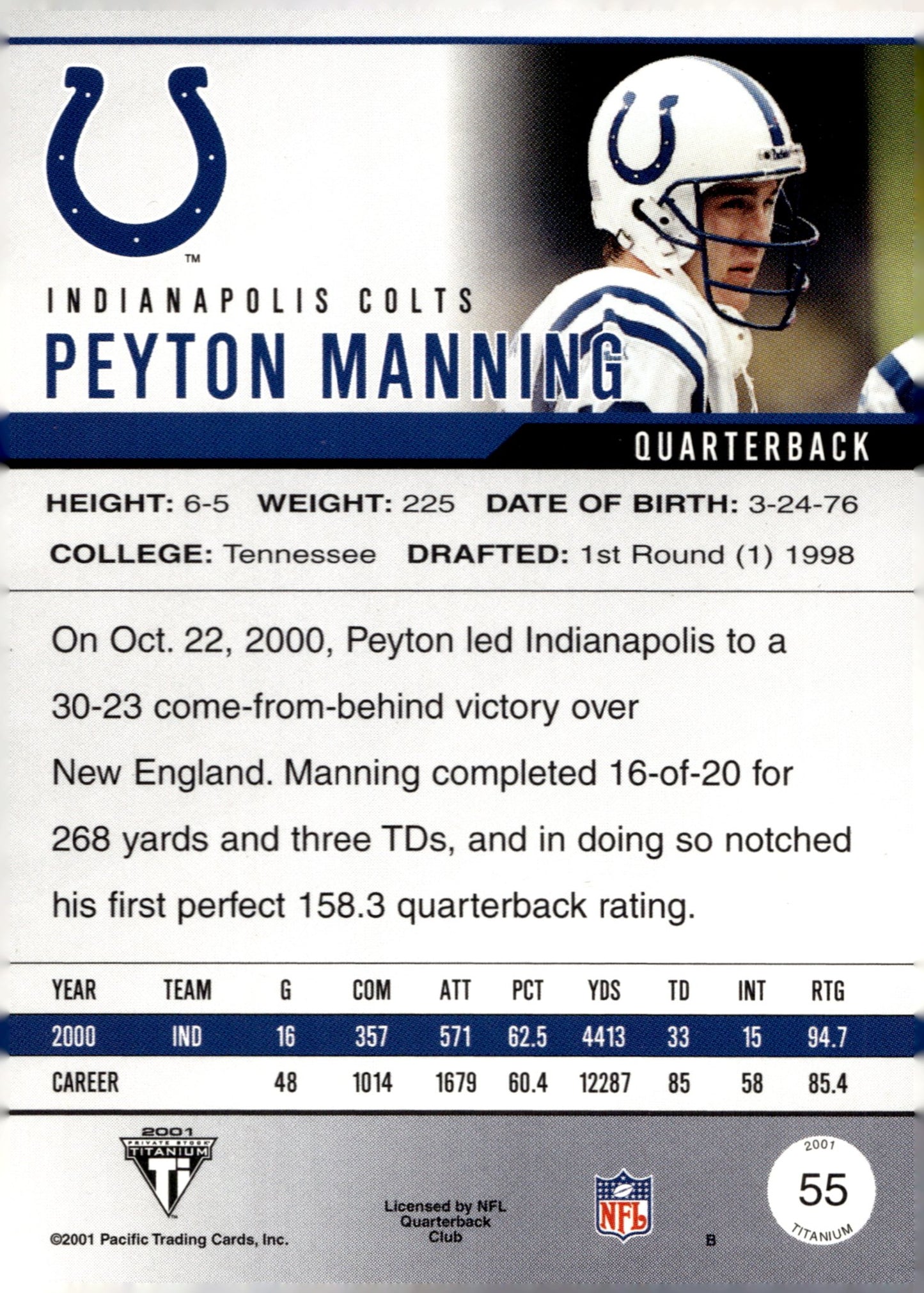 Peyton Manning 2001 Pacific Titanium Private Stock #55 - Collector Store LLC