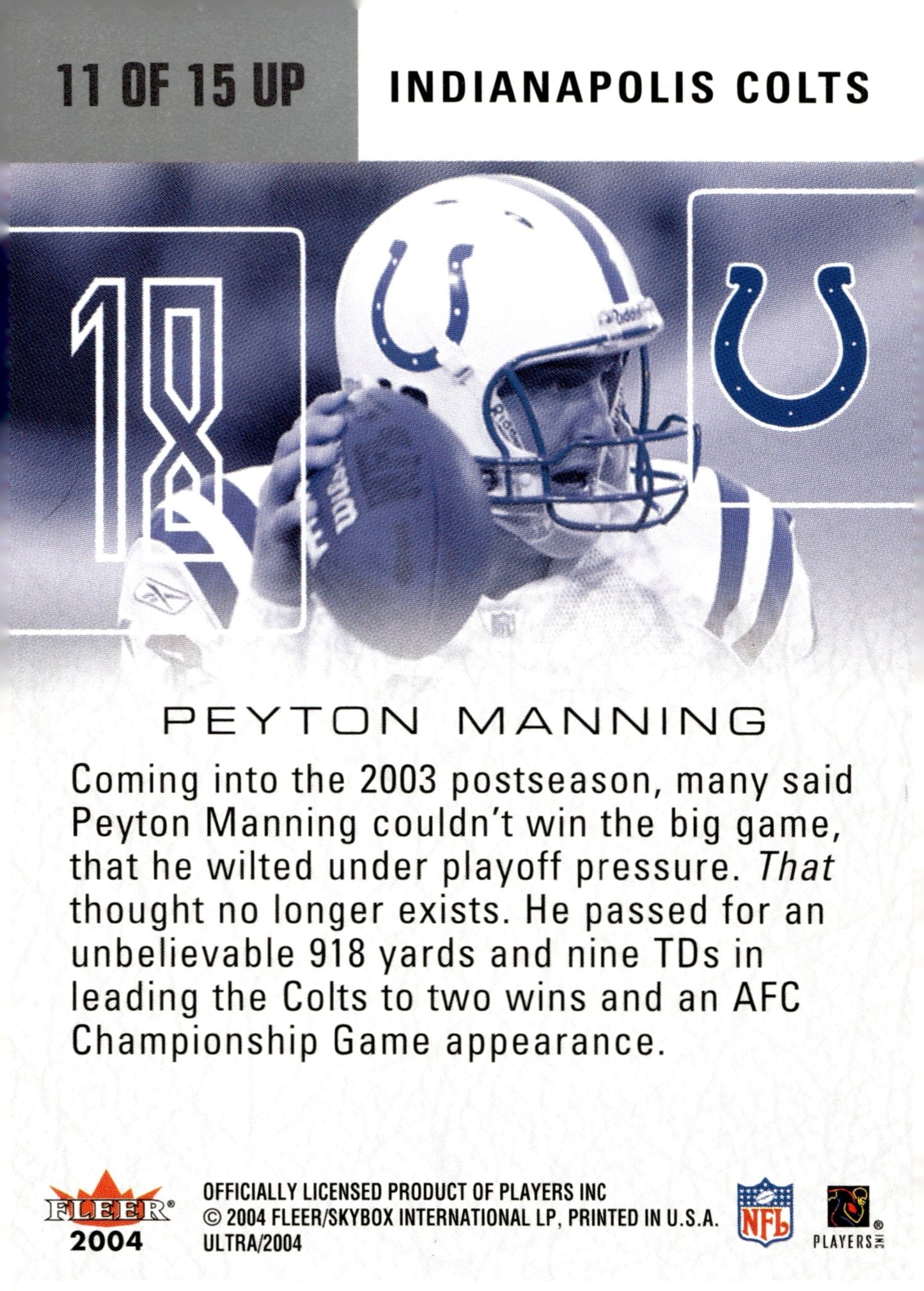 Peyton Manning 2004 Fleer Ultra Ultra Performers #11 - Collector Store LLC