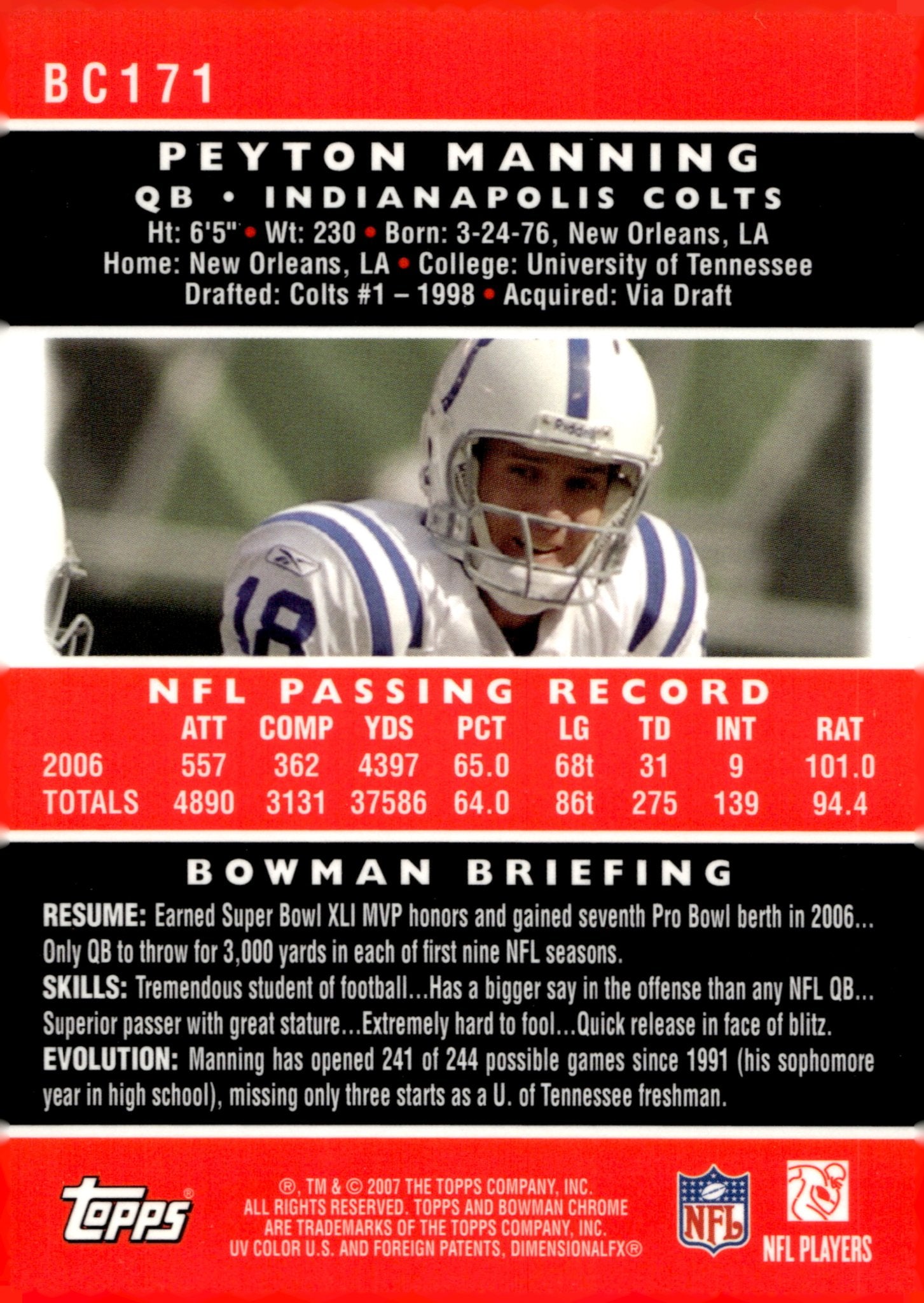 Peyton Manning 2007 Bowman Chrome #BC171 - Collector Store LLC