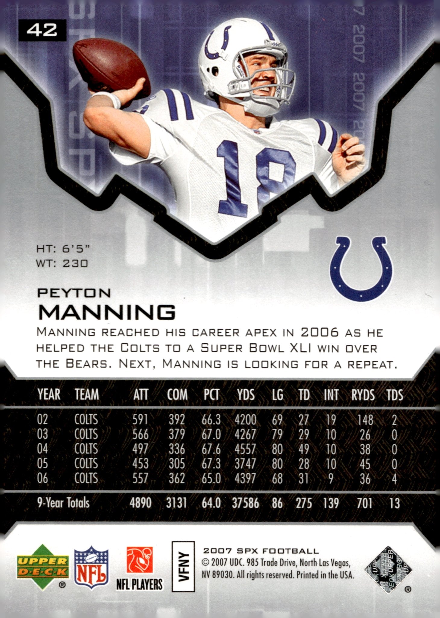 Peyton Manning 2007 Upper Deck SPX #42 - Collector Store LLC