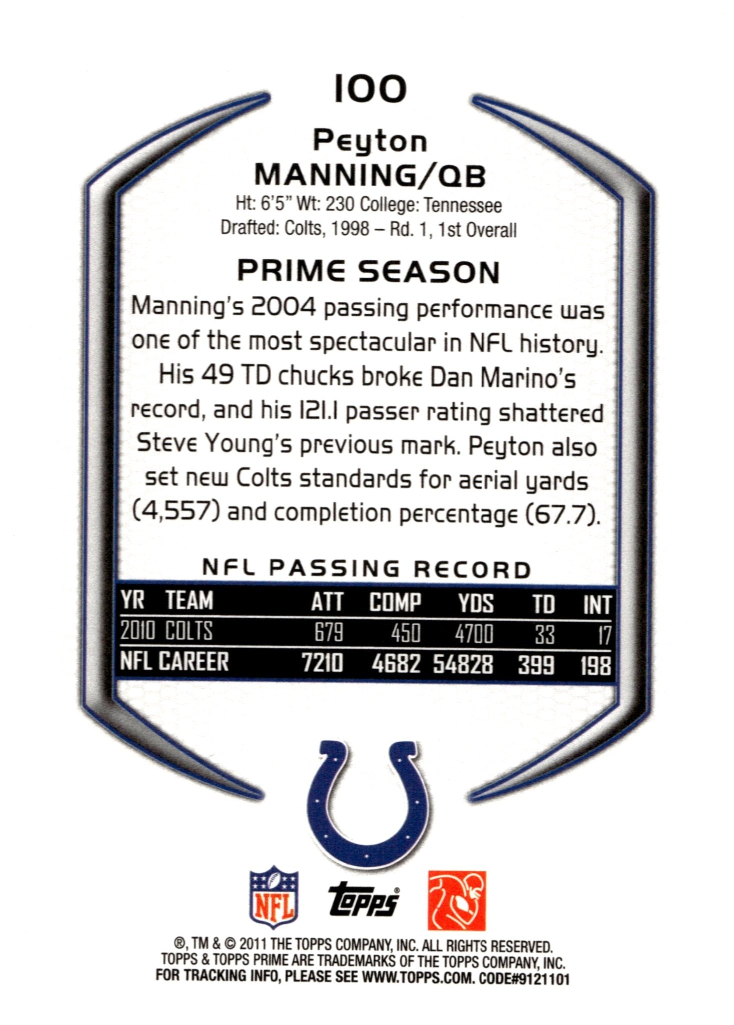 Peyton Manning 2011 Topps Prime #100 - Collector Store LLC