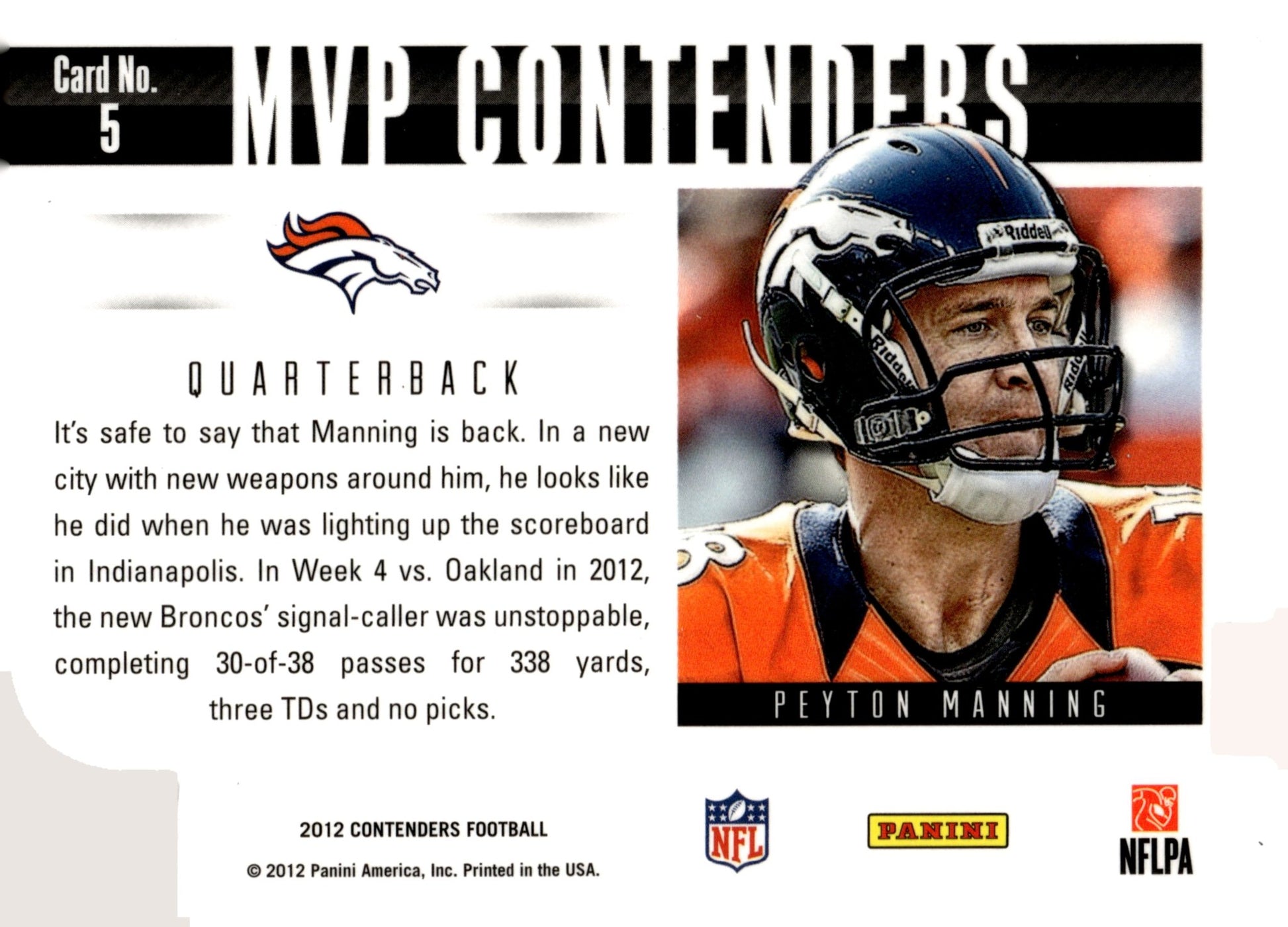 Peyton Manning 2012 Topps Contenders MVP Die - Cut #5 - Collector Store LLC