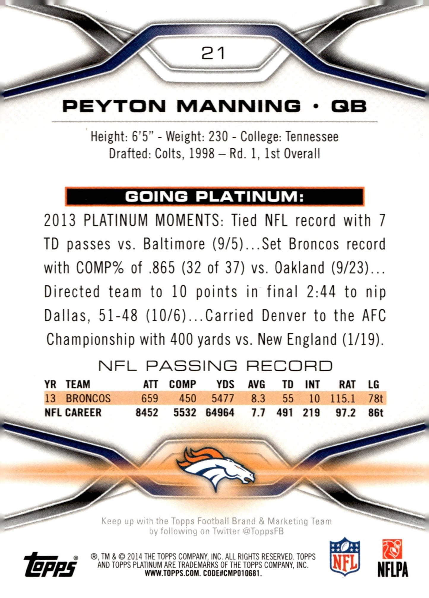 Peyton Manning 2014 Topps Platinum #21 - Collector Store LLC