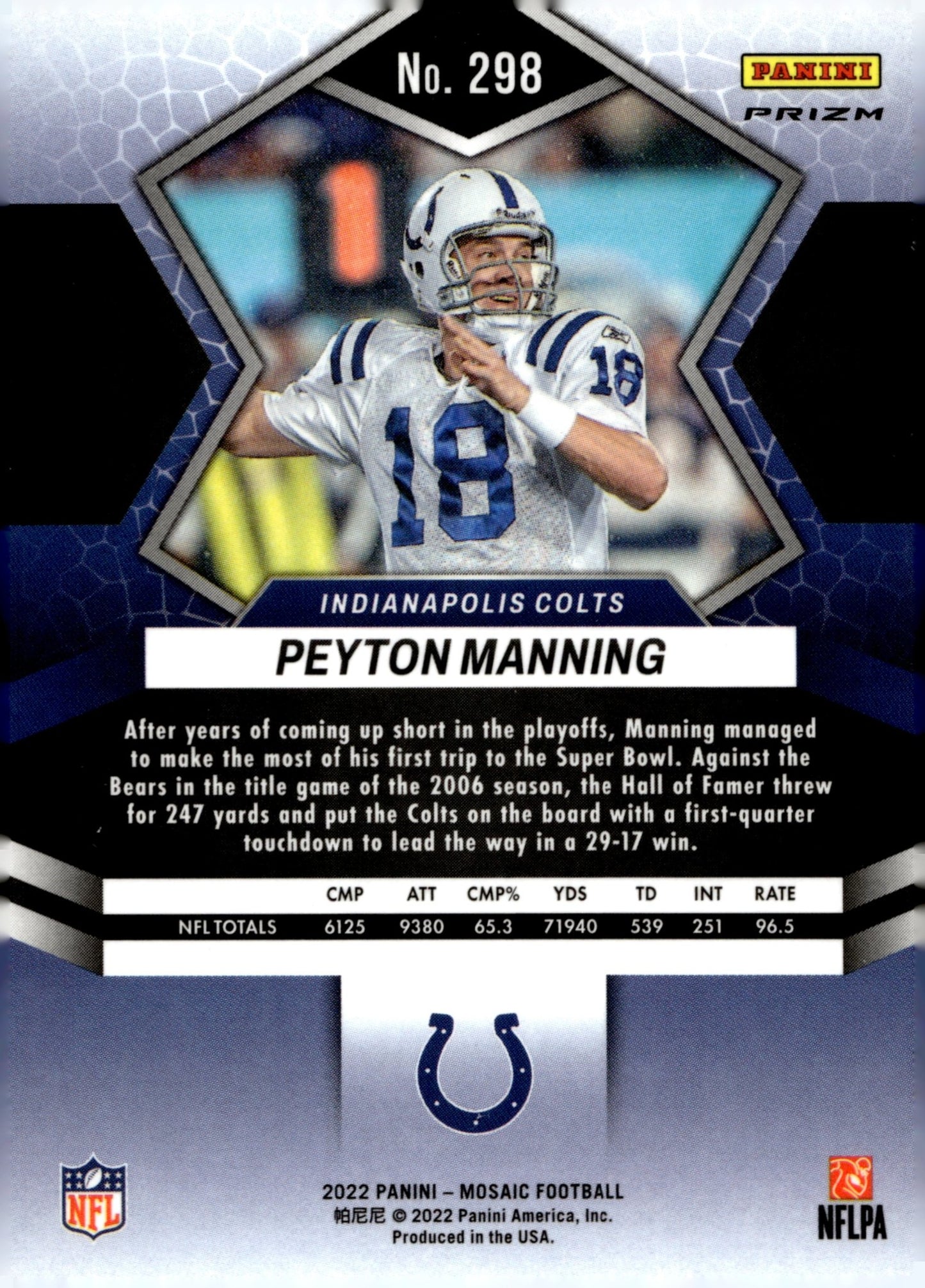 Peyton Manning 2022 Panini Mosaic Super Bowl XLI MVP Green Prizm #298 - Collector Store LLC