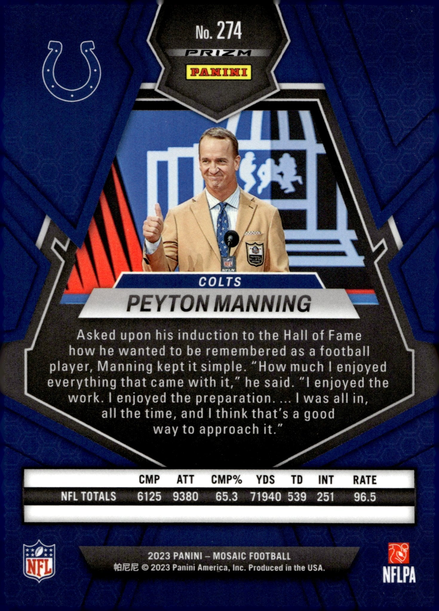 Peyton Manning 2023 Panini Mosaic Hall of Fame Sky Blue Prizm #274 #1 - Collector Store LLC