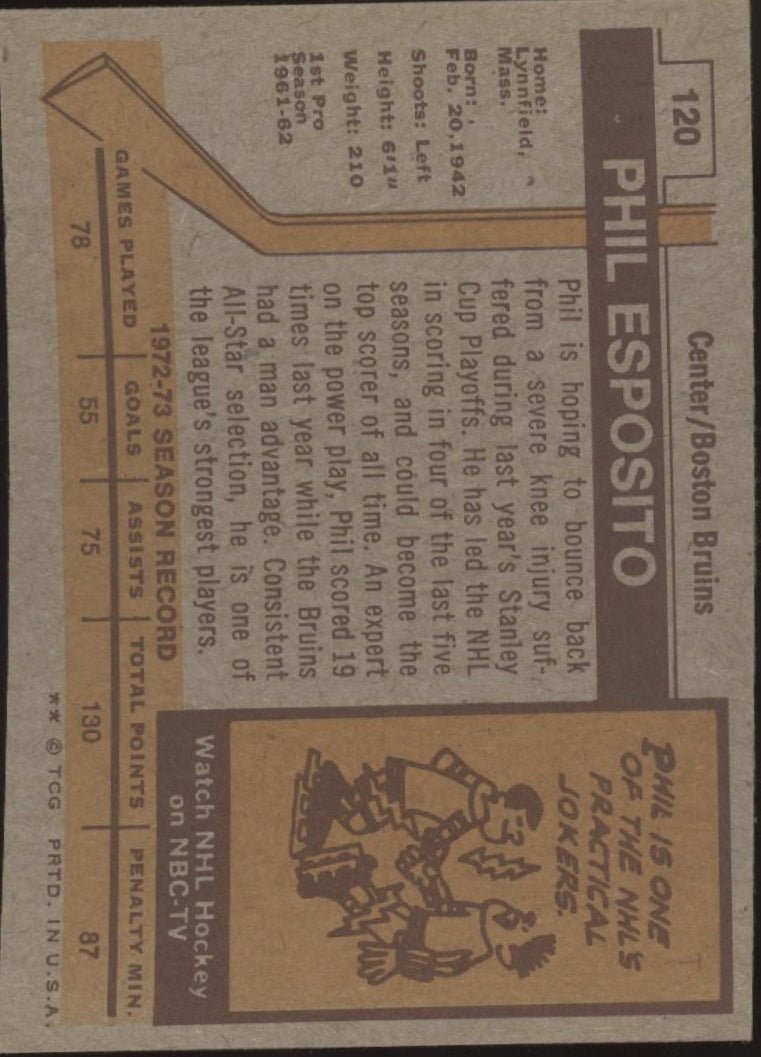 Phil Esposito 1973 - 74 Topps #120 Boston Bruins EX #2 - Collector Store LLC