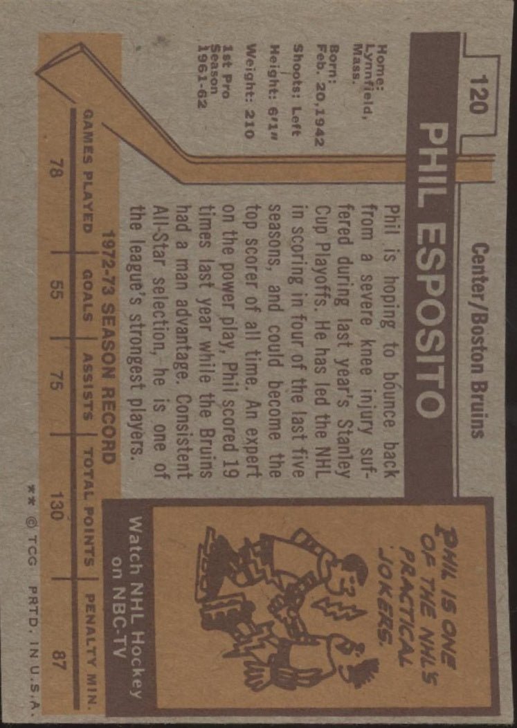 Phil Esposito 1973 - 74 Topps #120 Boston Bruins EX #3 - Collector Store LLC