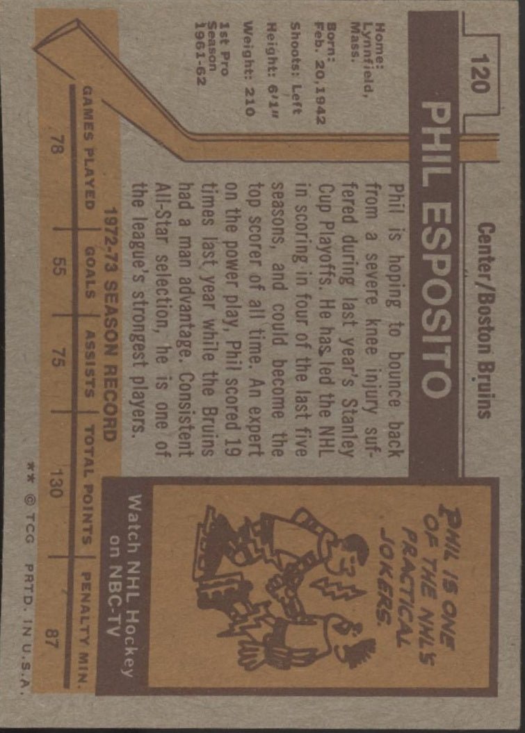 Phil Esposito 1973 - 74 Topps #120 Boston Bruins EX #4 - Collector Store LLC