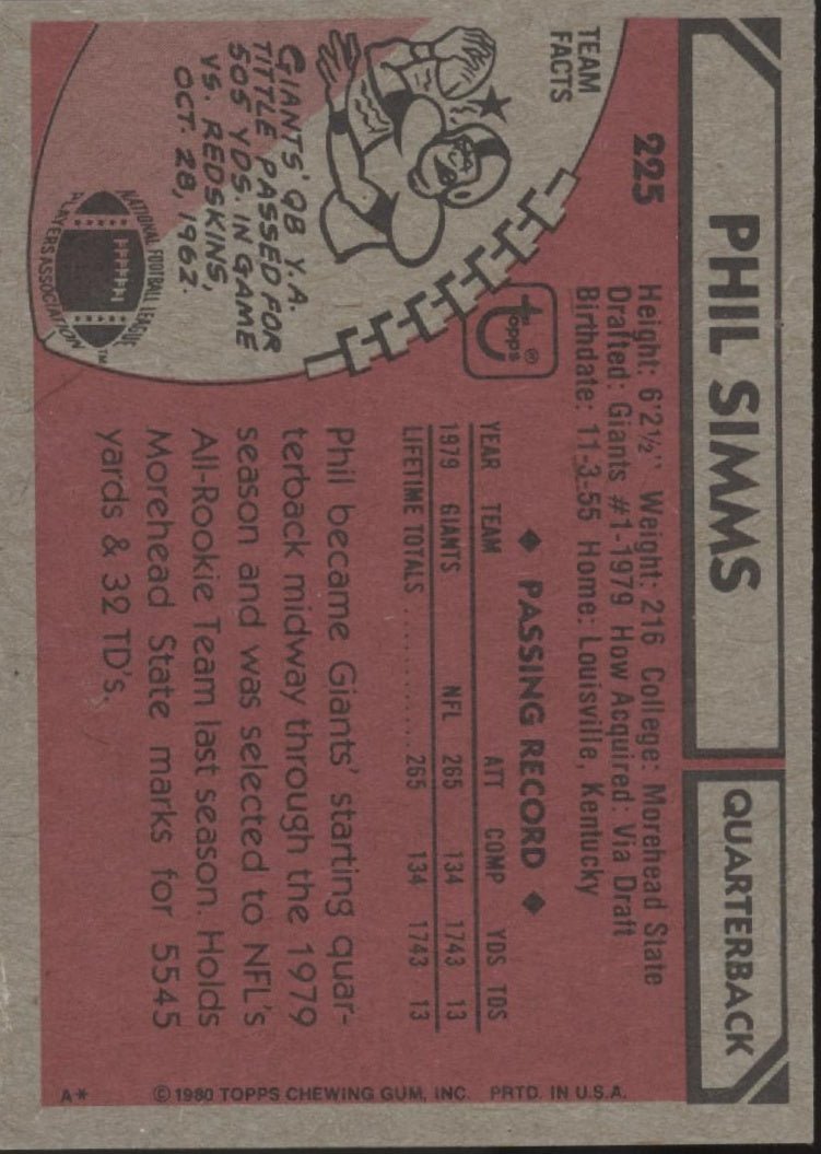 Phil Simms 1980 Topps RC #225 New York Giants EX #5 - Collector Store LLC