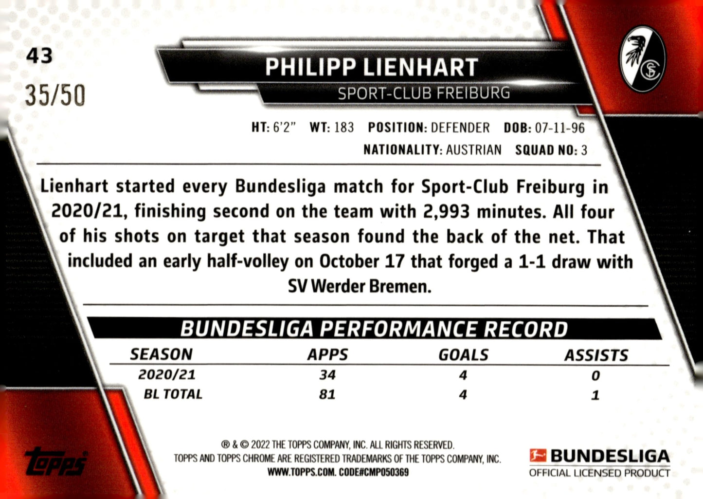 Philipp Lienhart 2021 - 22 Topps Chrome Bungesliga Gold Refractor RC 35/50 #43 - Collector Store LLC