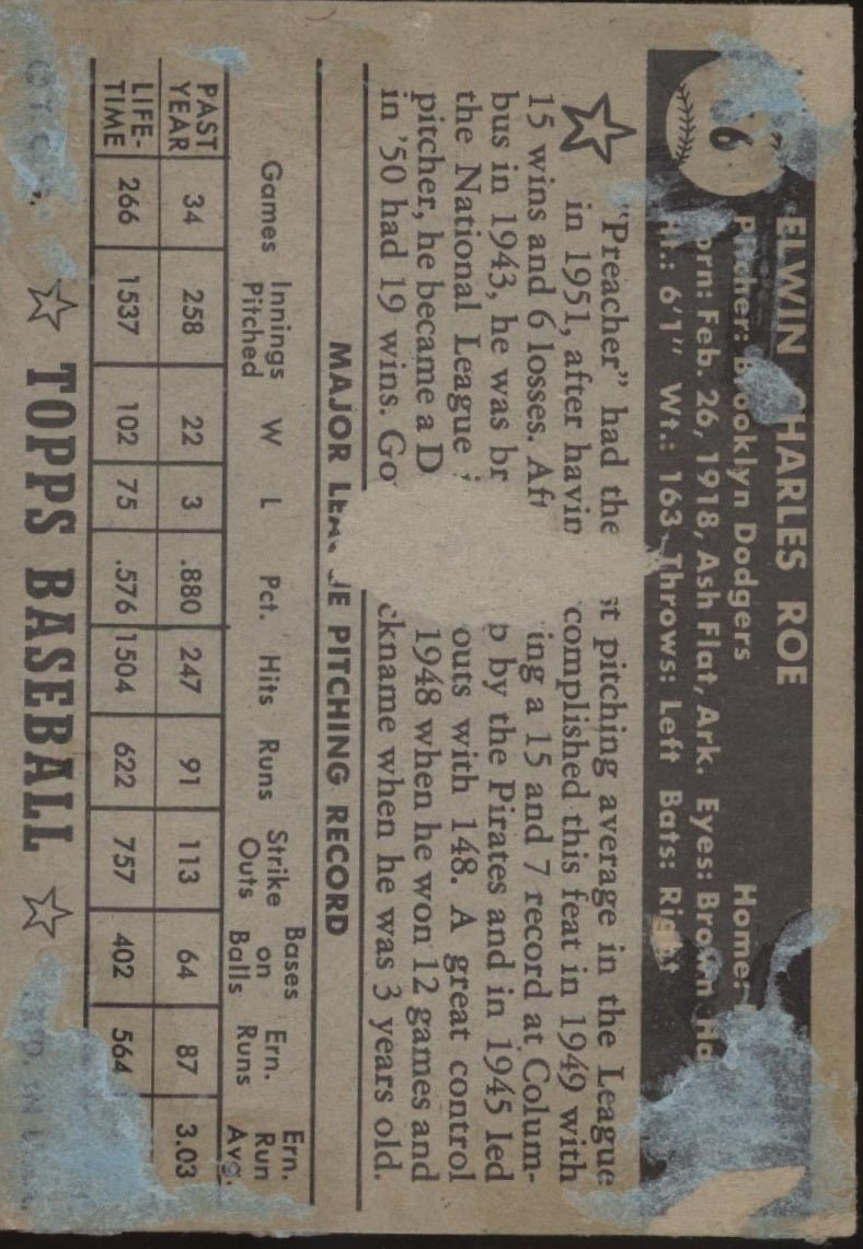 Preacher Roe 1952 Topps 66 Brooklyn Dodgers PR - Collector Store LLC