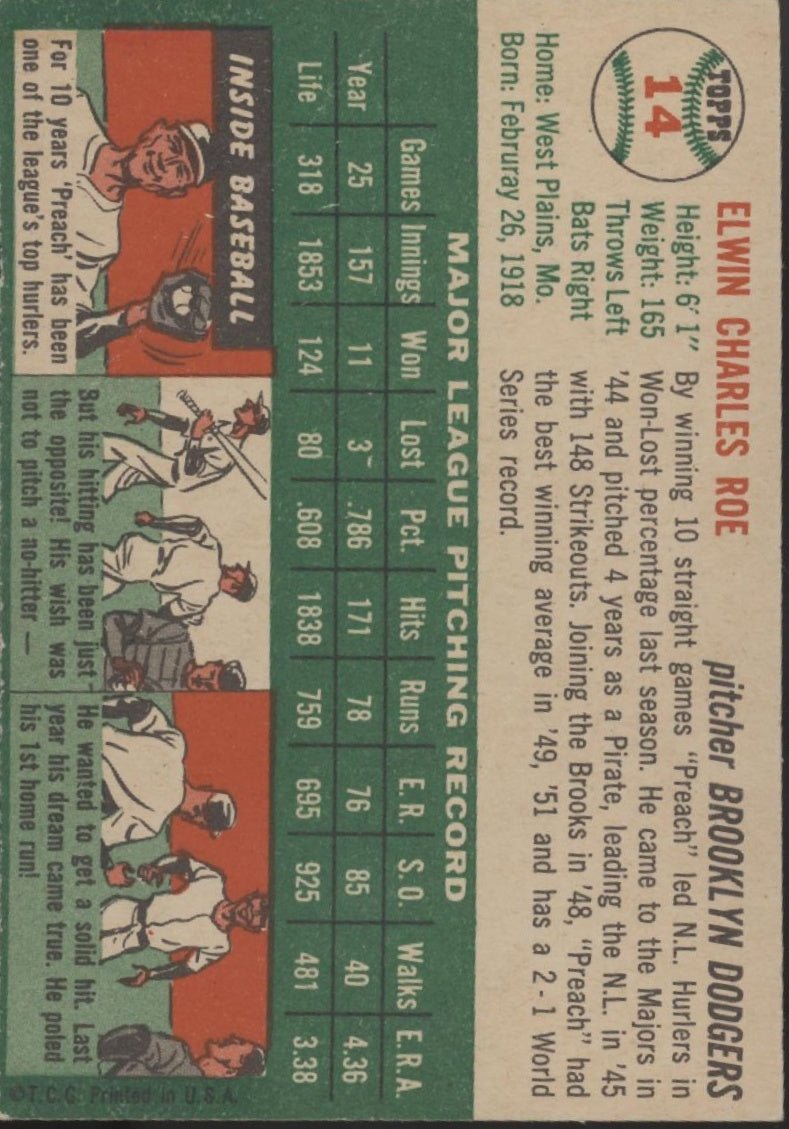 Preacher Roe 1954 Topps 14 Brooklyn Dodgers VG - Collector Store LLC
